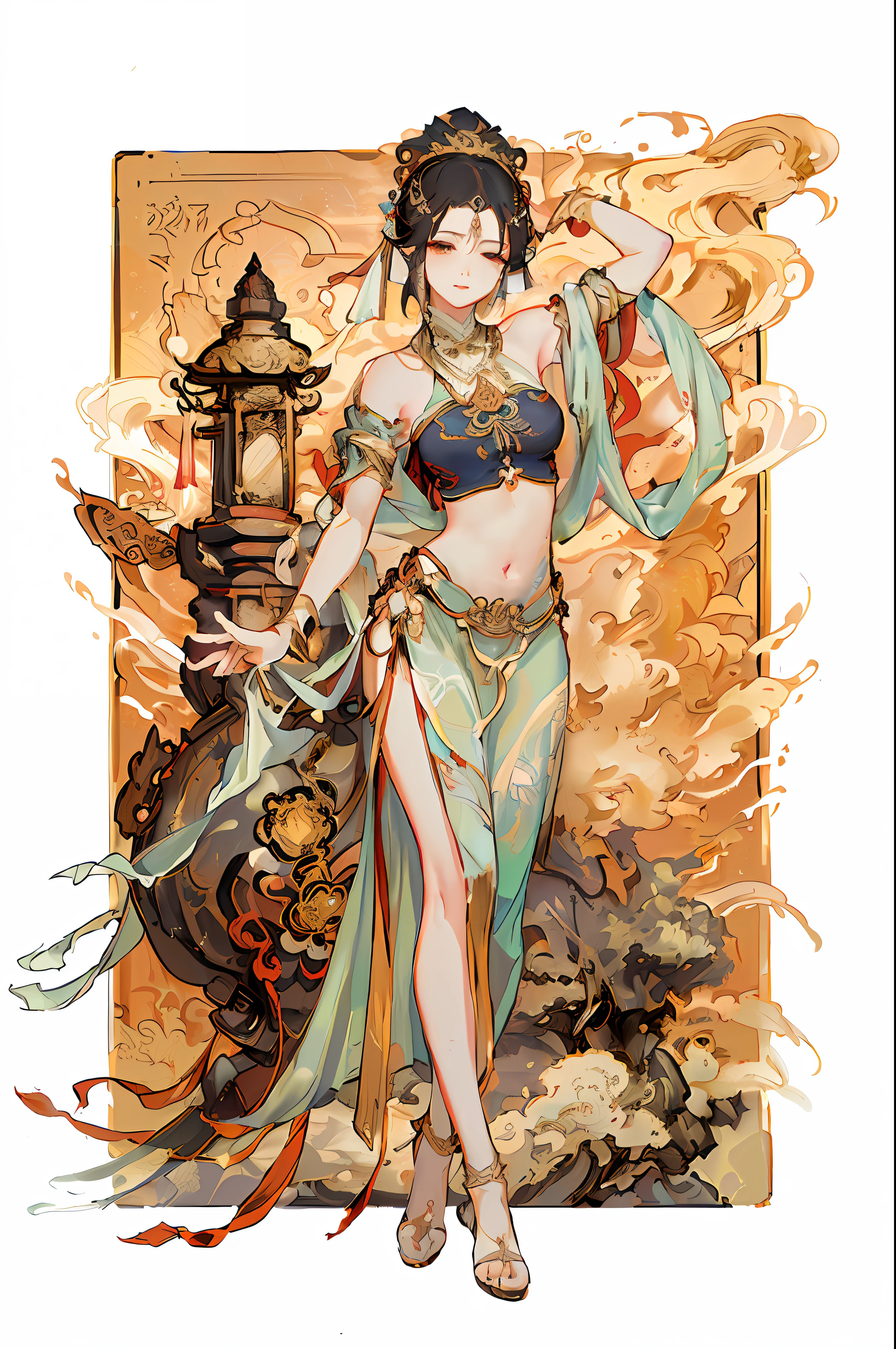 arafed image of a woman in a belly dance costume, alphonse mucha and rossdraws, by Yang J, inspired by Fenghua Zhong, full color illustration, a beautiful fantasy empress, inspired by Lan Ying, by Shen Zhou, a beautiful artwork illustration, by Qu Leilei, by Yan Hui, by Zeng Jing, by Lu Guang