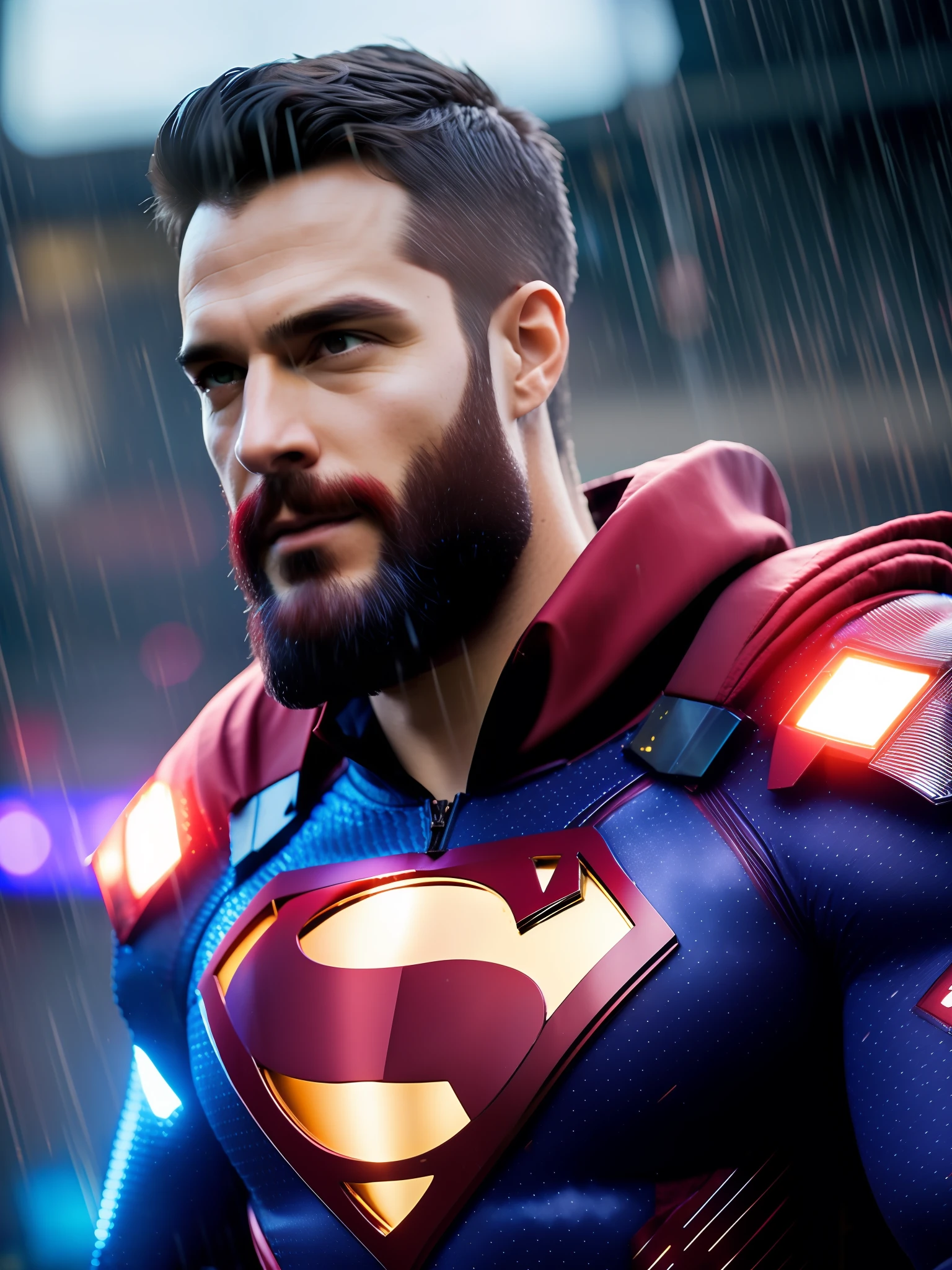 Superman award-winning photo of a man, Blue and red superhero suit, square jawline, asymmetric face, big beard, in rain, smiling, purple light, 80mm, bokeh, mass effect, close up, fking_cinema_v2, 8k, cinematic