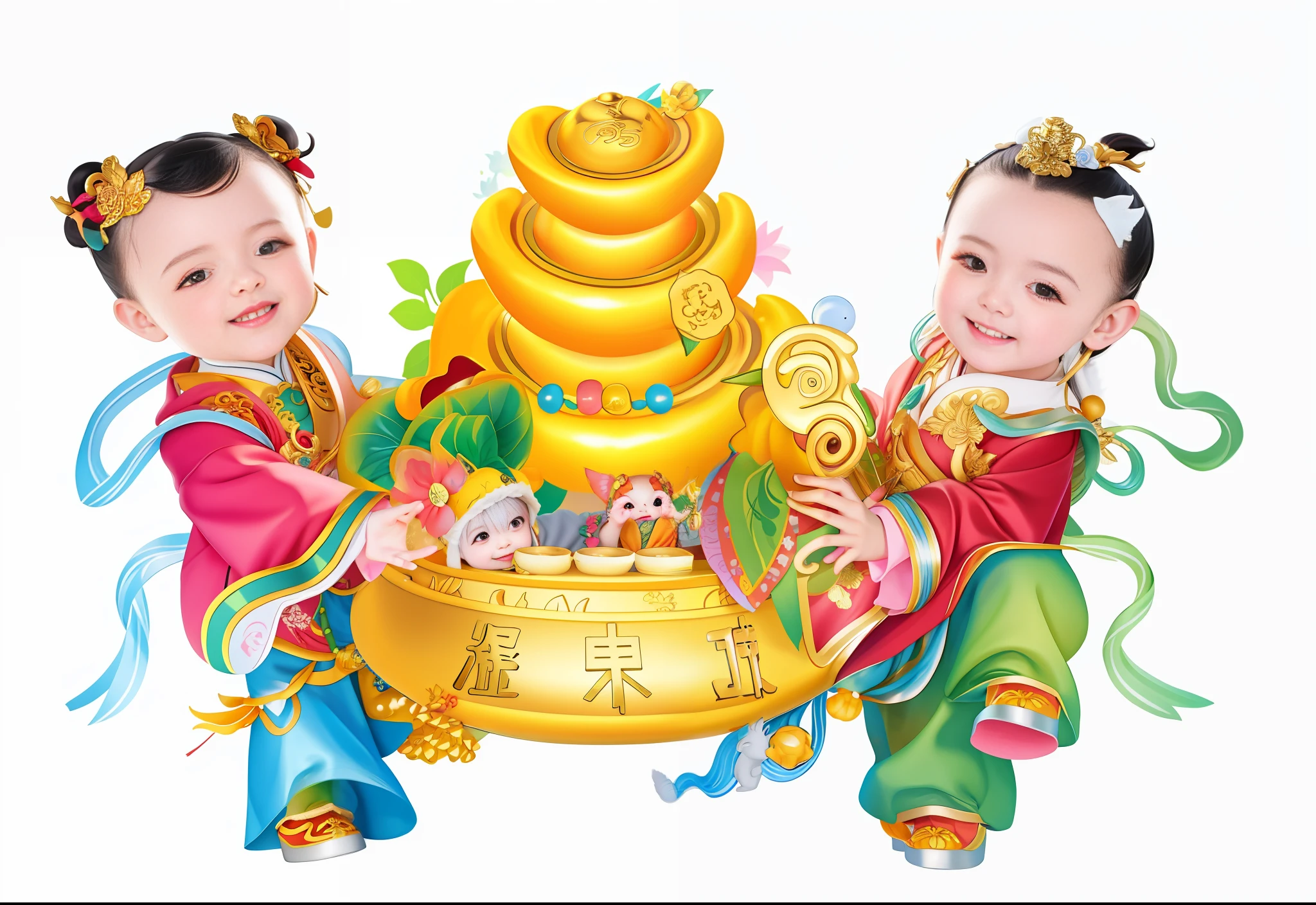 Two children holding a large golden cornucopia,There are gold ingots stacked on top, yellow dragon head festival, gold, JEWELRY, twin,, wallpapers, - 1 0 2 4, official artwork, negao, 😃😀😄☺🙃😉😗, children,, happy, happy birthday, happy!!!, image, ruanjia、Zhong Fenghua, traditional chinese