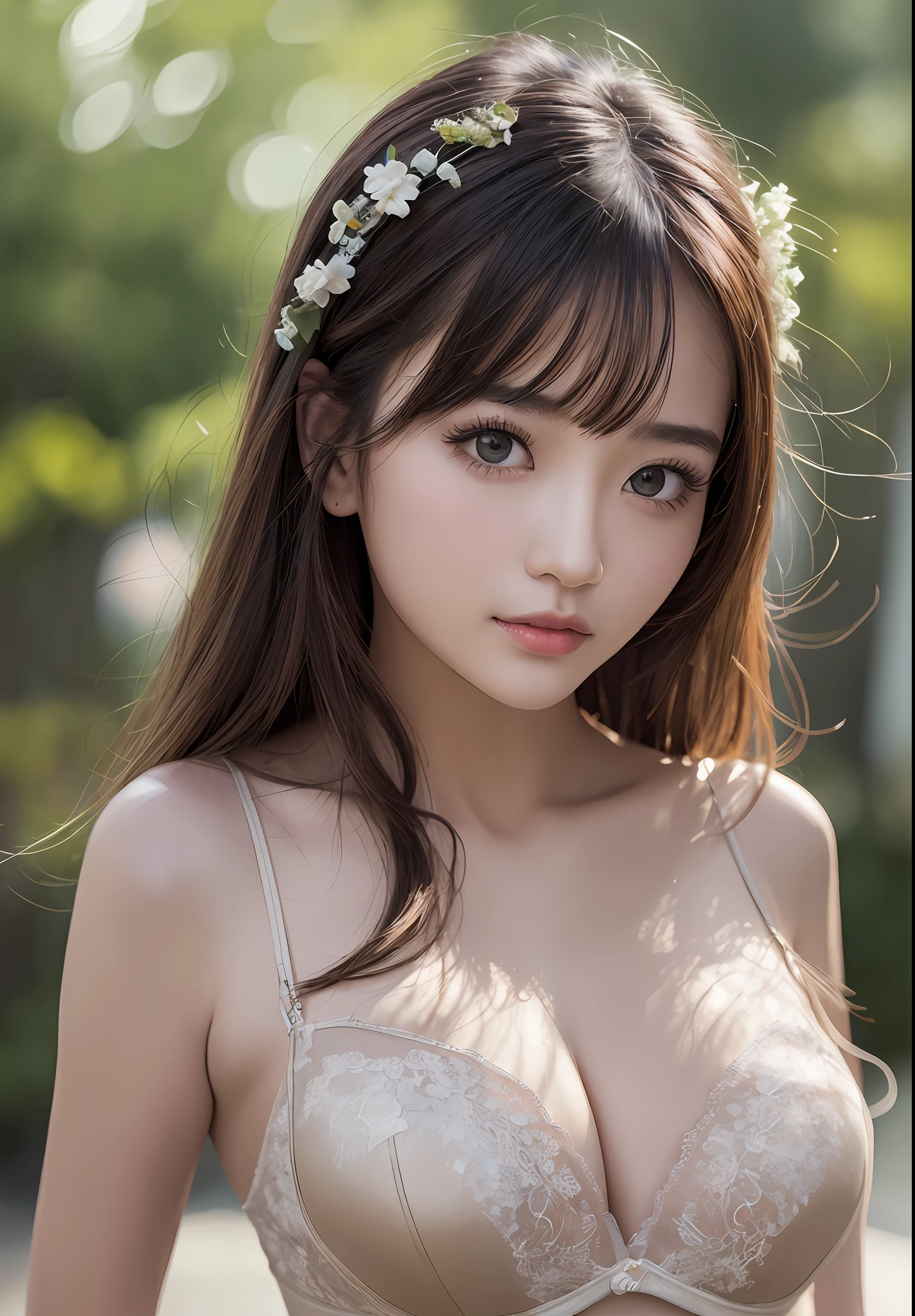 best、masterpiece、An ultra-high picture quality、lifelike、GIRL、(Beauty Face 1.4)、(Medium milk、Constricted waist)、Bokeh、Micron、Glossy skin、Head、brassiere、