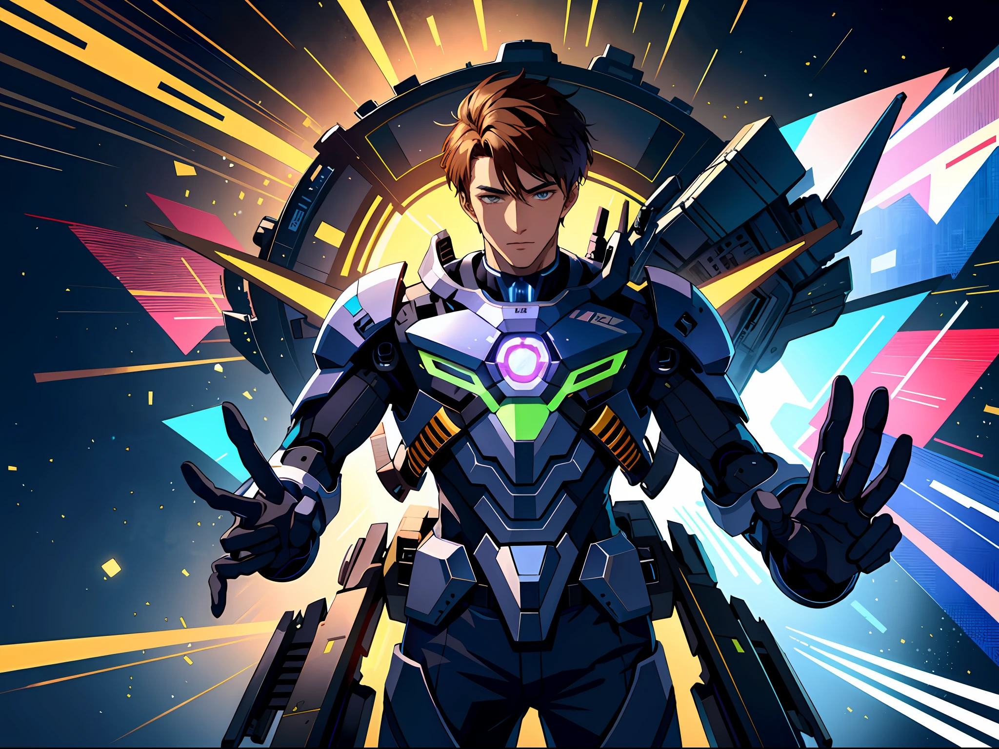 high resolusion,maximum quality,illustartion,Hyperdetailed,A handsome young man is standing in the cockpit of the mech,In front of you is a virtual monitor