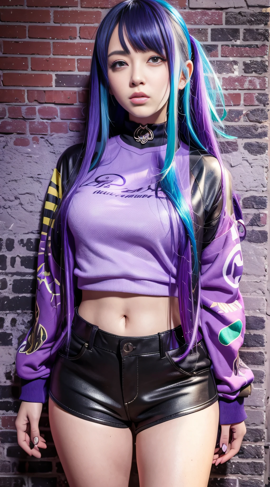 (masterpiece, best quality, 1girl, solo, intricate details, chromatic aberration), realistic, ((medium breath)),long hair, purple hair, purple head ornament, purple highlights, hair over one eye, green eyes, sharp eyes, choker, neon shirt, torn legwear, open jacket, turtleneck sweater, against wall, brick wall, graffiti, dim lighting, alley ,look at viewer,