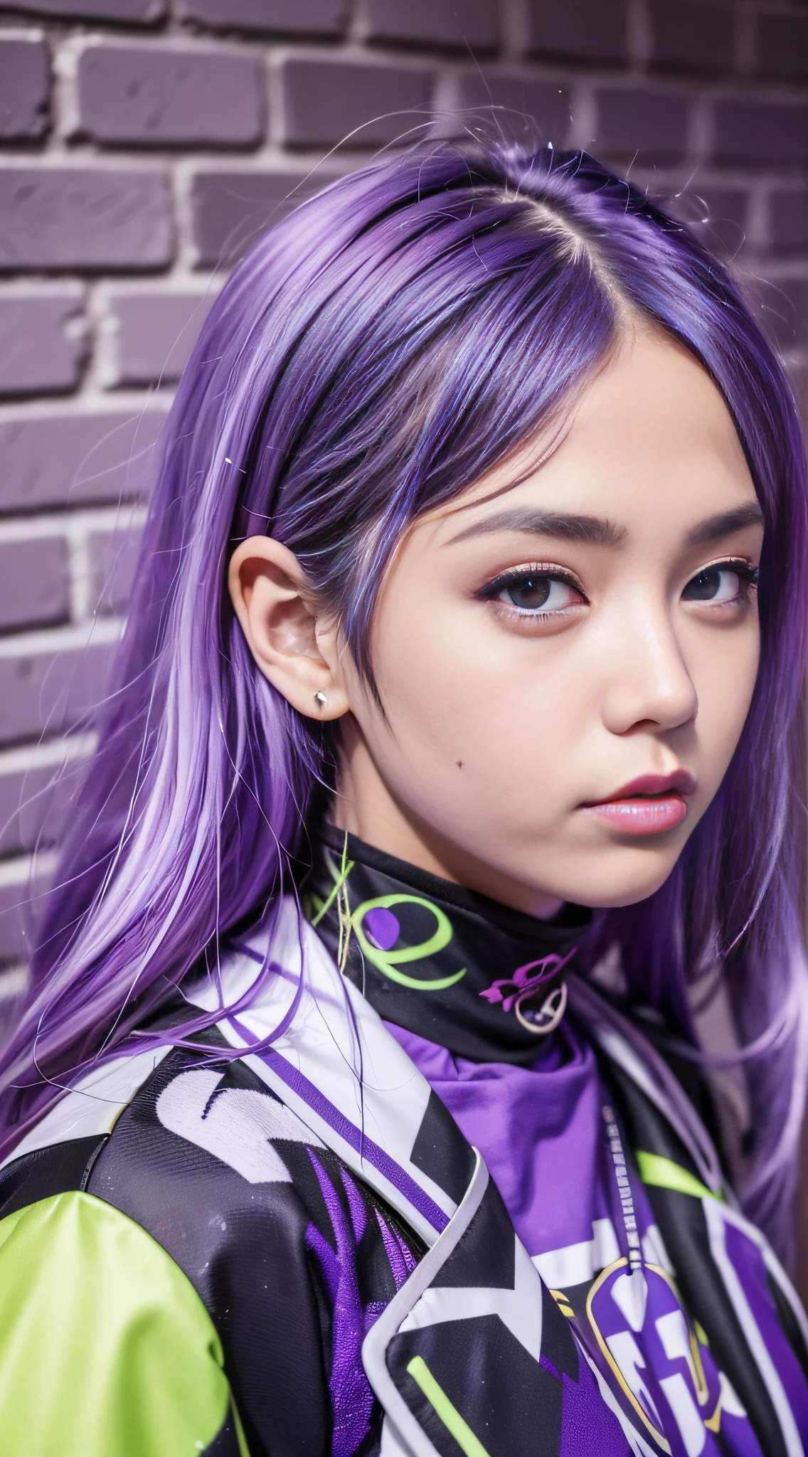 (masterpiece, best quality, 1girl, solo, intricate details, chromatic aberration), realistic, ((medium breath)),long hair, purple hair, purple head ornament, purple highlights, hair over one eye, green eyes, sharp eyes, choker, neon shirt, torn legwear, open jacket, turtleneck sweater, against wall, brick wall, graffiti, dim lighting, alley ,look at viewer,