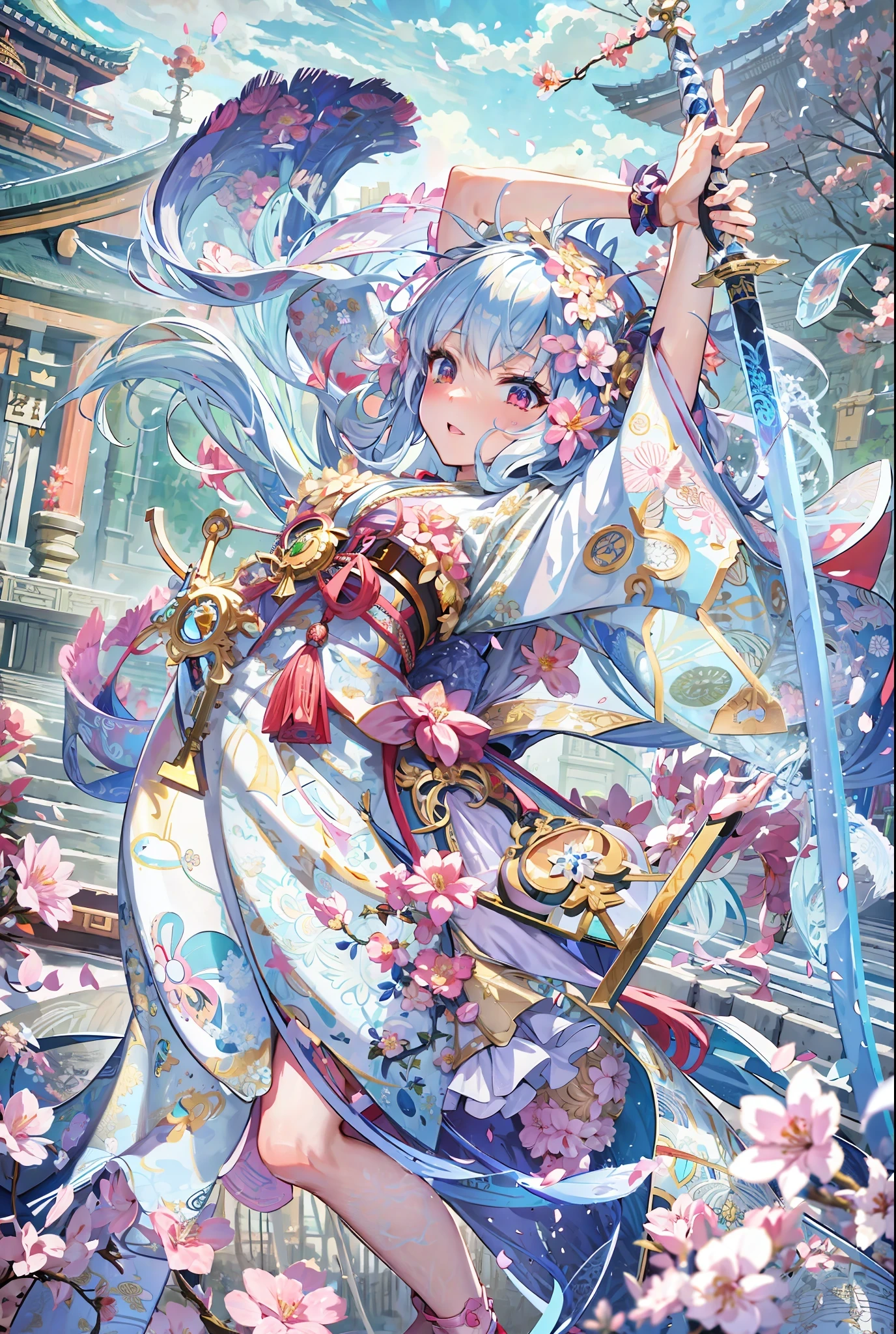 anime girl with a sword and a flowered dress in a city, high detailed official artwork, official artwork, detailed key anime art, shikishi, official anime artwork, anime fantasy illustration, full art, [ Tarot Card ]!!!!!, clean detailed anime art, Official Art, detailed anime artwork, intricate ornate anime cgi style, author：Kamagurka, jellyfish shrine maiden