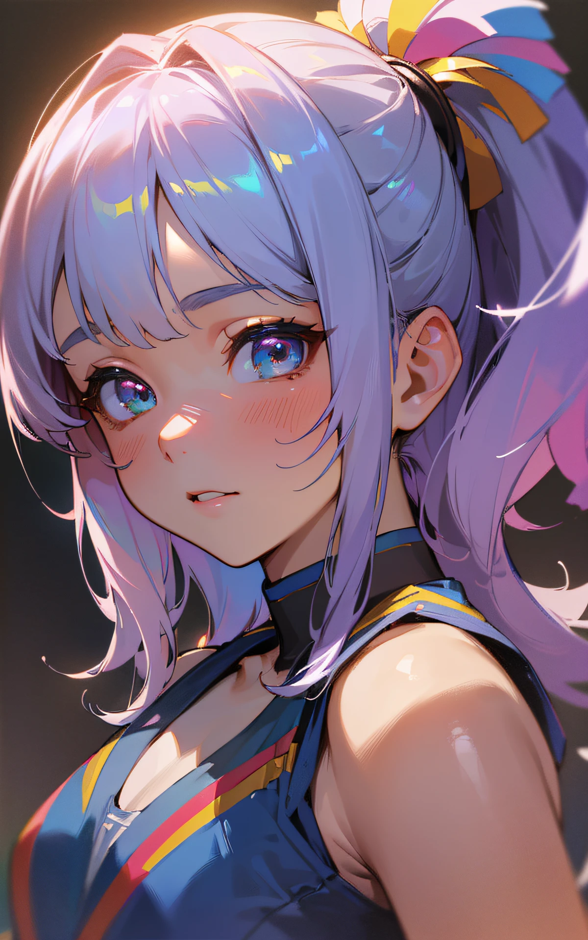 (unity 16k wallpaper、masterpiece、best quality、ultra-detailed、extremely detailed CG、caustics、detailed、beautiful detailed eyes、nsfw:2.0、1girl、curby、)、Ultra High Res、 fine skin、(cutest:1.2)、(GIRL)、(18 year old)、((cheerleader:1.2))、((Vivid background、Highly saturated、strong light))