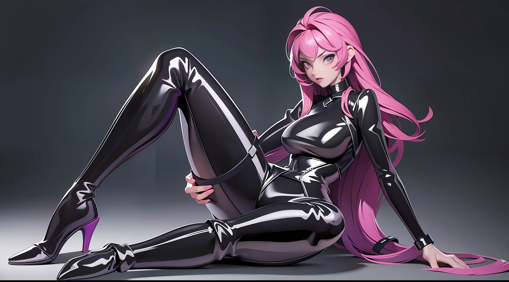 full body picture Unreal Engine 5 8K UHD of a girl couple, best quality, masterpiece, wearing black tight latex catsuit, latex corset, collar, arm and leg cuffs, high heels, purple details, cuddling each other