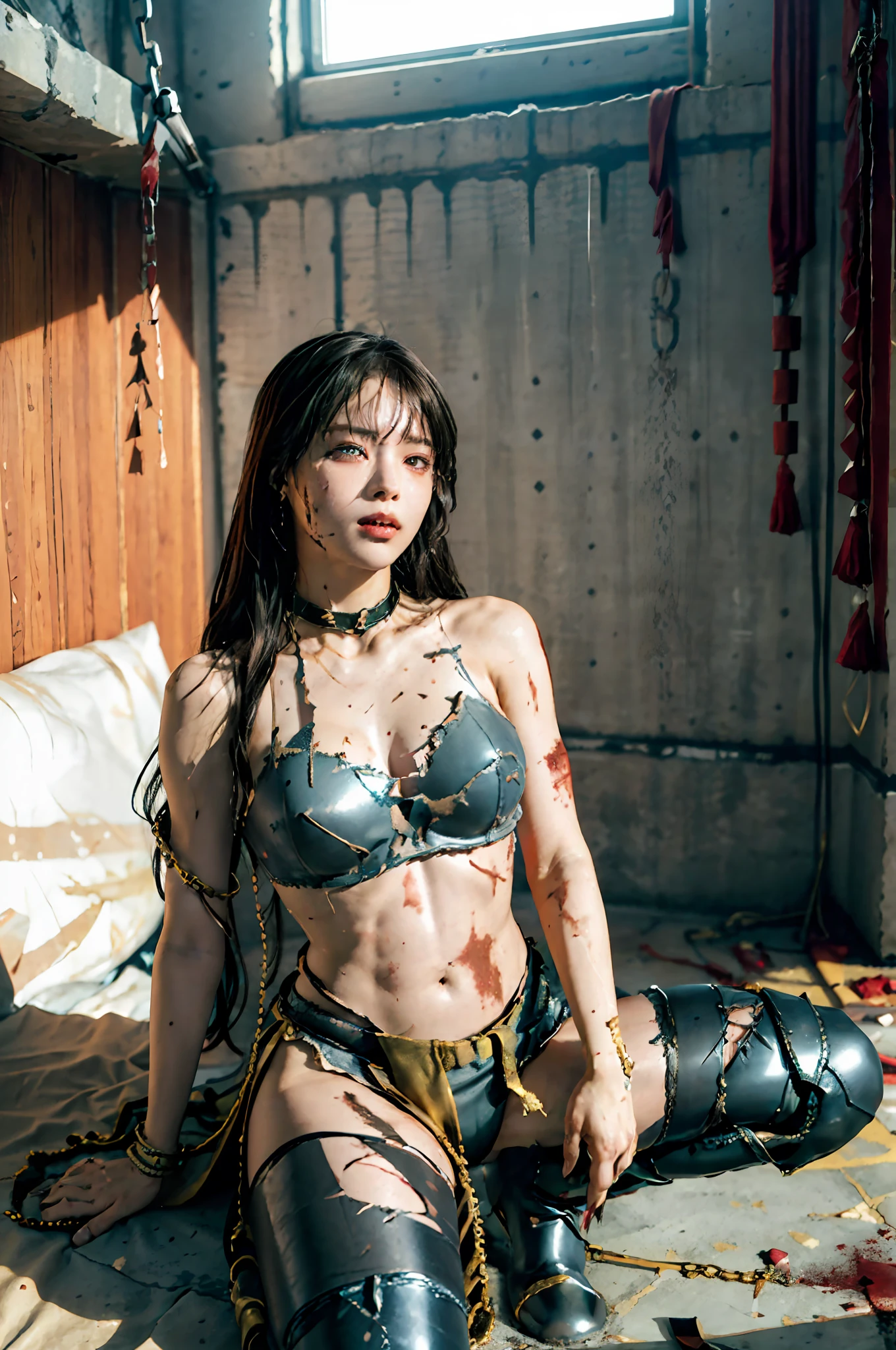 - [ ] Realistic material details、 Extreme Detail、Ultra-realistic materials、((Wearing a torn sheer costume of a superheroine))、Beautiful girl with slender abs visible:1.4、six pack abs:1.4、Bust Botox、((tip sticking out、the areola protrudes、The shape of the pubic area is clearly visible))、(Fully tied with a chain)、restraine、Slave、Choker、disdain、((Tears flow、Crying in pain))、sweating、((A vast prison with sunlight))、dark fantasy、Peeling ceiling、Slab breakage、Rebar between cracks、broken walls、(((Torn costume)))、WET、cloudy、((Chained))、((Big highlighted by chains))、((Iron rod in the crotch))、((Hands tied behind their backs、Invisible hand))、(No pantie、No bra)、Shredded costumes、Broken golden shield and battle spear、Combat shoulder armor、Junkyard、There is blood on the face、Blood is splattered、real、(bruise、Dirty、ripped clothing、skimpy clothes、Blood:1.3)、brown Hair、hair long、Torn cloak、Torn pantyhose、Long Legs、One leg suspended by a chain、Metallic fetters、The fetters on his left ankle are chained from the ceiling.、Wet crotch is clearly visible、shooting from below、Swarovski sword and shield at the foot、Anatomical、(Futuristic sci-fi battle fashion、Cracked elbow and knee cyberpad、Torn Cyber Long Boots、Torn Cyber Globe:1.1)、(((Y-Shaped Balance Pose)))、((The left leg is stretched upwards by a chain of fetters)) 、The chain is taut、wet crotch、wet thighs、 photographic、Sharpness、Unique 850 4、Koda850 k Portrait Camera、 F1.6 lens、ultra-realistic textures、Magnificent light textures、Cinestil 800 Fashion Mechanics、A gold rod is stuck in the crotc、A pipe sticks into the crotch
