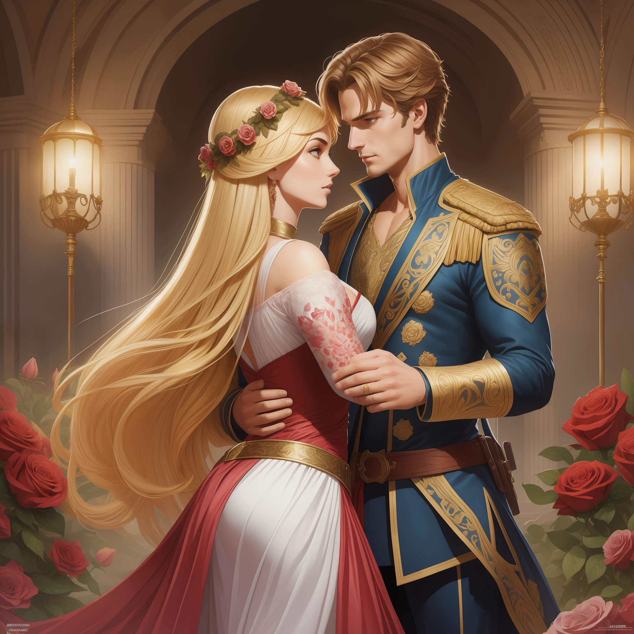 Couple dancing a man and a woman with much affection, the man Neels Visser is a prince who has golden blonde hair, wears a medieval military outfit and is in love with the commoner, the woman Lily Collins;, que tem cabelo preto moreno encaracolado e usa um vestido vermelho, Illustration of a novel book cover with a detailed background, liso, brilhante cheio de flores cobertas de hera e rosas vermelhas, castelo, Ornate dress standing on a bed of roses, luz de aro, dynamic lighting, ethereal lighting, ultra detalhe, arte conceitual, elegante, surreal, arte de Lisa Aisato, Greg Hildebrandt, Citemer Liu, Stjepan Sejic, Samyang, Aykut Aydogdu, Justin Gerard, Alphonse Mucha, Artgerm, WLOP e Greg Rutkowski