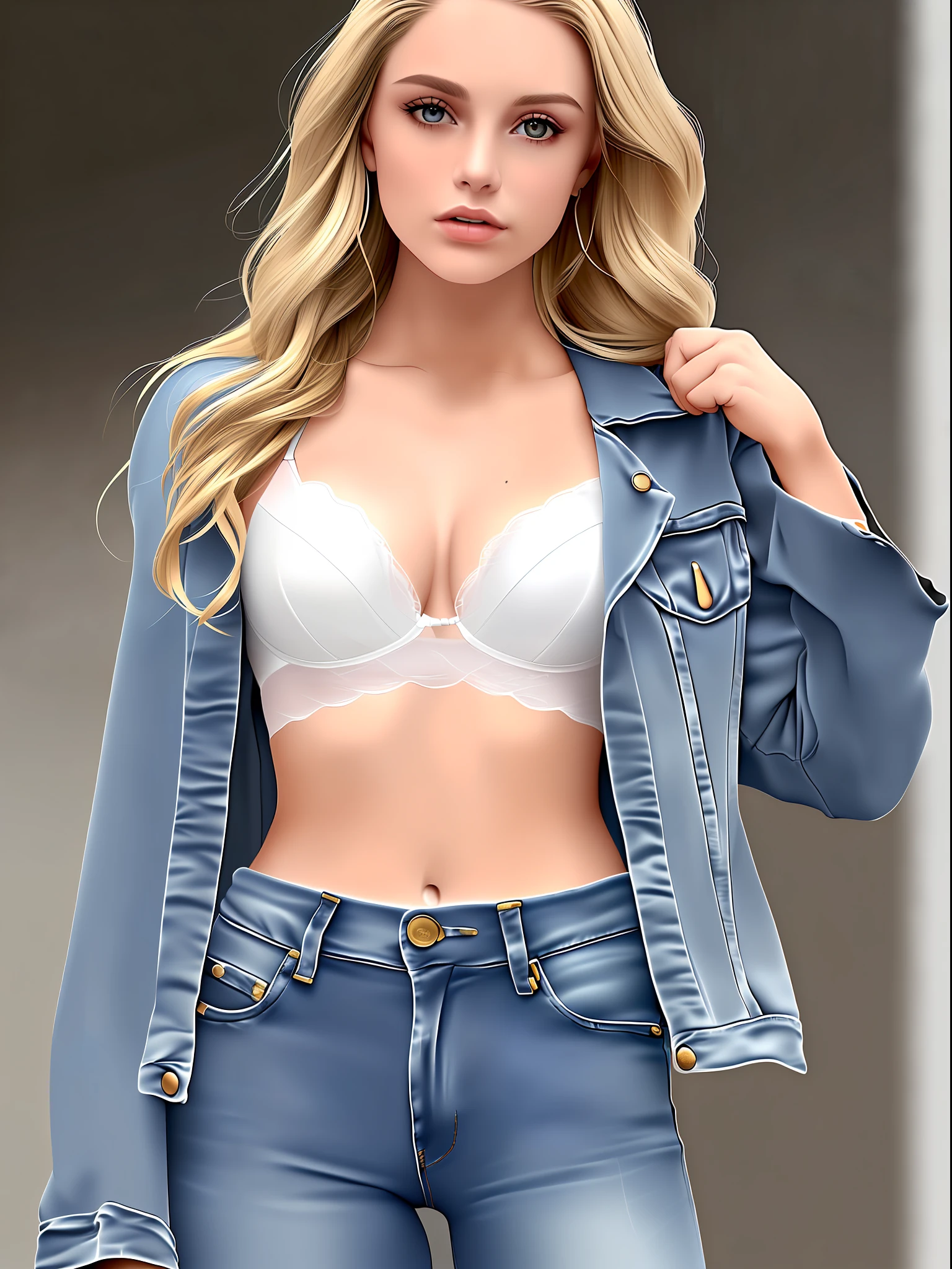 Mulher loira magra de 18 anos, lindo rosto bonito, pele brilhante,seios pequenos,foto profissional, longos cabelos loiros lisos, dramatic light, vagalumes em segundo plano,focus sharp,detalhado,realistic,ultra realista mulheres seme nuas,holofote,fog in distance,rosto muito detalhado,denim mini jacket with a white bra and black lace on top under it,maquia,delineador, gloss,brilho leve ,caminho de cascalho no fundo,poros da pele,UHD,mulher pelada 8k,calcinha jeans