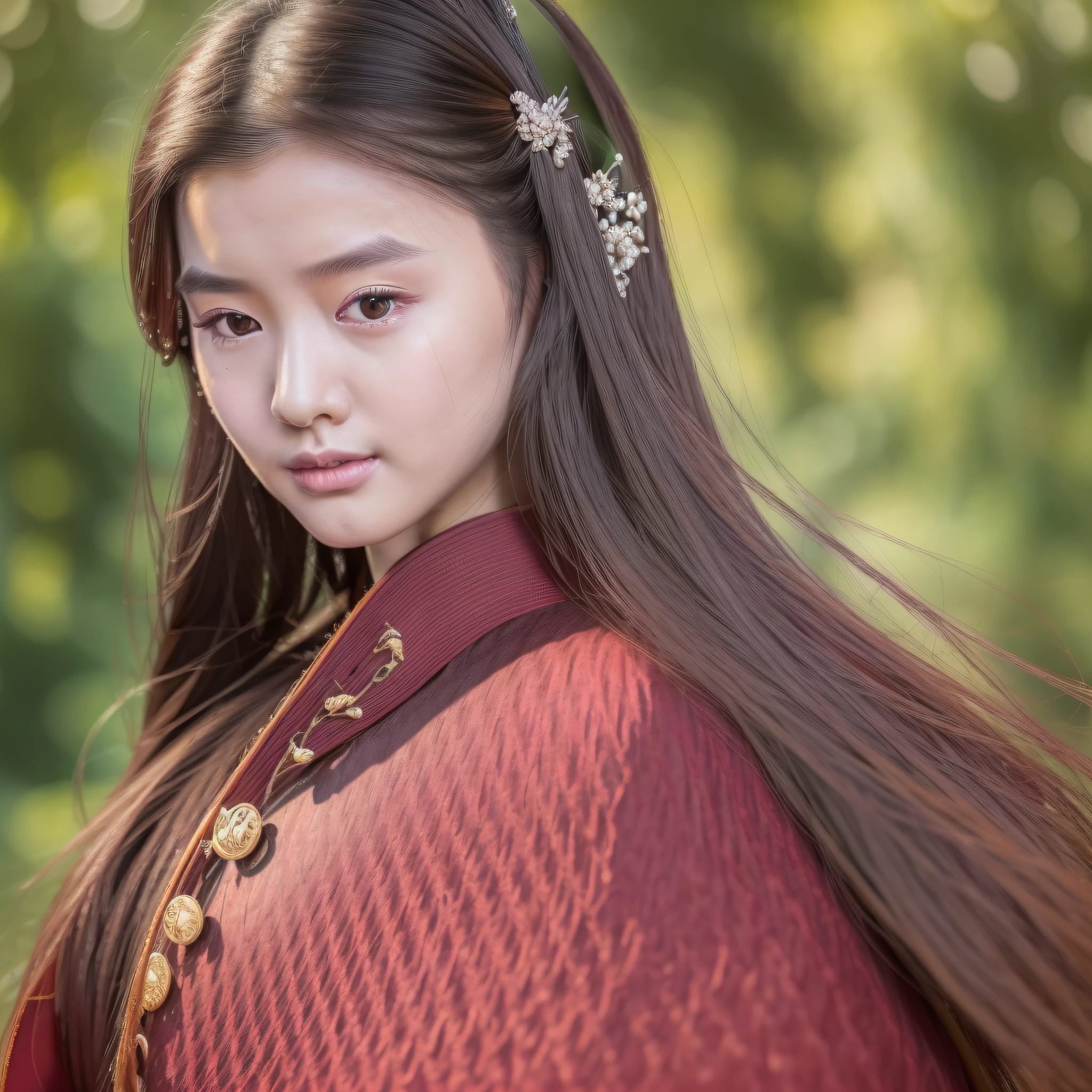 Best quality, masterpiece, ultra high res, RAW photo, (photorealistic:1.4), 1girl, solo, detailed face, long hair, (hanfu, tang style, traditional chinese clothing, black_hair,blush, long_hair, (looking at camera:1.6),(narrow waist:1.2), perfect skin, palace background, bokeh, beautiful lighting, model posing