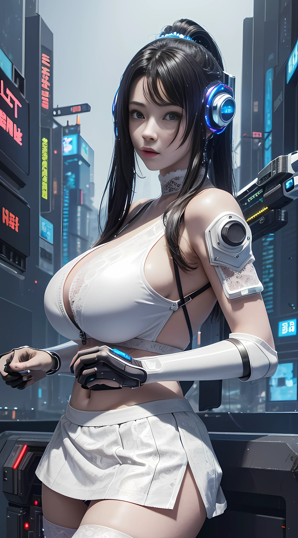 ((Best quality)), ((masterpiece)), (highly detailed:1.3), 3D, beautiful, (cyberpunk:1.6), in space, nebula, (holding_weapon:1.3), laser, (1Female mecha:1.3), sexy body, facing the audience, Glowing eyes, full body, (flying, swooping down, dynamic, motion blur: 1.4), (huge mech wings: 1.6), looking up, glowing_eyes, mecha, panorama, background is earth, nebula, space, particles, Reality, HDR (High Dynamic Range), Ray Tracing, NVIDIA RTX, Super Resolution, Unreal 5, Subsurface Scattering, PBR Textures, Post Processing, Anisotropic Filtering, Depth of Field, Maximum Clarity and Clarity, Multilayer Textures, Albedo and Specular maps, Surface shading, accurate simulation of light-material interaction, perfect proportions, Octane Render, two-tone lighting, large aperture, low ISO, white balance, rule of thirds, 8K RAW, efficient sub-pixel, sub-pixel volume product, (best quality),(Japanese:0.5),(korean:0.8), (Liu Yi Fei:1.5) long hair, (big breast:1.2),(underboob:1.5), (white transparent lace mini skirt:1.5)