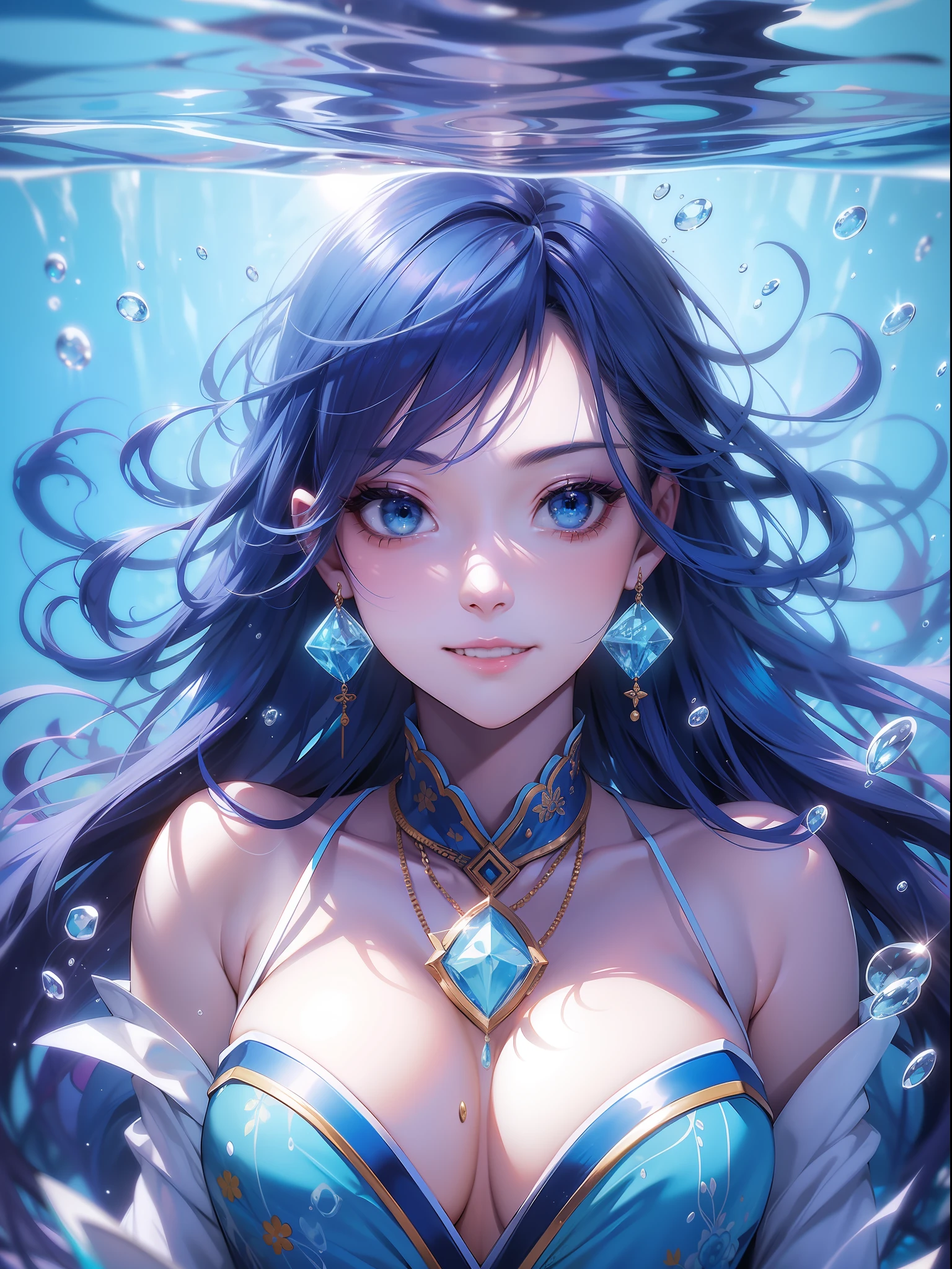 solo, beautiful female, in the blue crystal, bubbles, in the ocean, a sun upon the face, japanese_clothes, multicolored hair, blue hair, purple hair, long hair, grin, ray tracing, reflection light, depth of field, partially underwater shot, framed, multiple views, masterpiece, best quality, high details, high quality, ccurate, textured skin, UHD