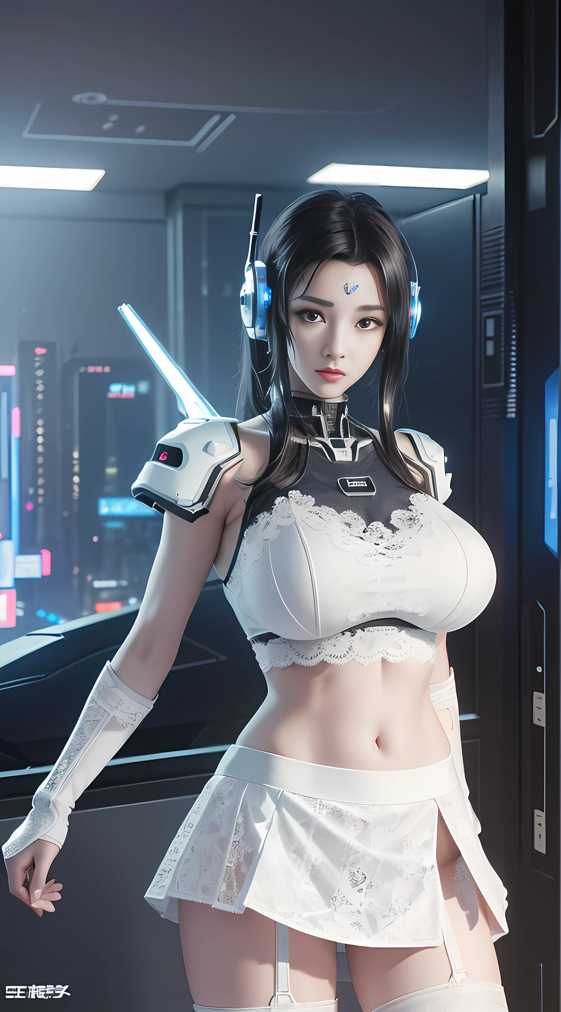 ((Best quality)), ((masterpiece)), (highly detailed:1.3), 3D, beautiful, (cyberpunk:1.6), in space, nebula, (holding_weapon:1.3), laser, (1Female mecha:1.3), sexy body, facing the audience, Glowing eyes, full body, (flying, swooping down, dynamic, motion blur: 1.4), (huge mech wings: 1.6), looking up, glowing_eyes, mecha, panorama, background is earth, nebula, space, particles, Reality, HDR (High Dynamic Range), Ray Tracing, NVIDIA RTX, Super Resolution, Unreal 5, Subsurface Scattering, PBR Textures, Post Processing, Anisotropic Filtering, Depth of Field, Maximum Clarity and Clarity, Multilayer Textures, Albedo and Specular maps, Surface shading, accurate simulation of light-material interaction, perfect proportions, Octane Render, two-tone lighting, large aperture, low ISO, white balance, rule of thirds, 8K RAW, efficient sub-pixel, sub-pixel volume product, (best quality),(Japanese:0.5),(korean:0.8), (Liu Yi Fei:1.5) long hair, (big breast:1.2),(underboob:1.5), (white transparent lace mini skirt:1.5)