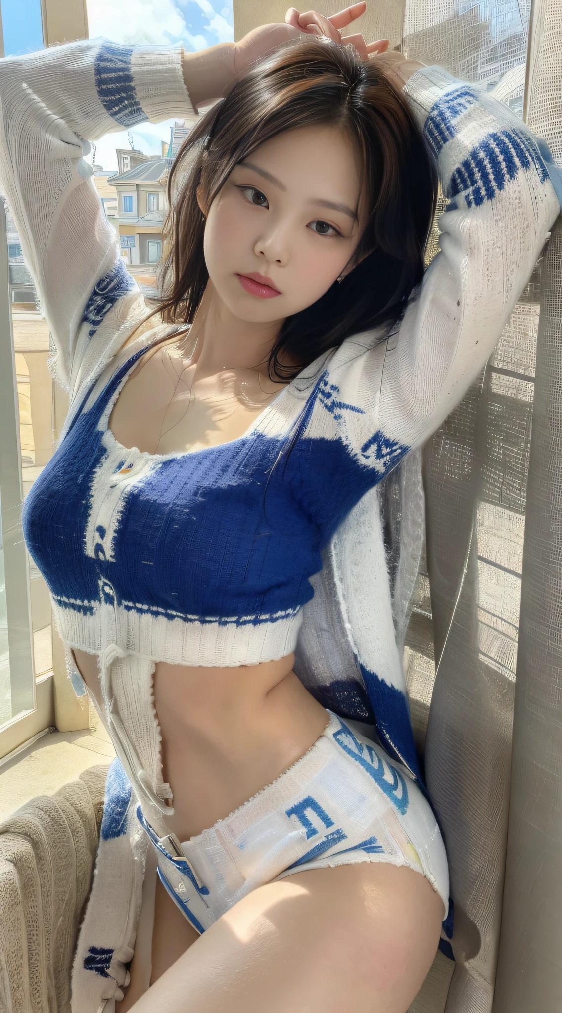 Bestquality, Jeizuo, Jennie face shape,(1girl:1.3), solo,_Kim Ji-ni Jennie face,Wear a royal blue armband sweater,Short model,White bandeau inside,blue shorts,,sex appeal,cuteness,white legwear,Background campus,full-body photo,looks at the viewer,World-weary face,Indifferent eyes,Korean style photo photo,Photographic lighting,Strong contrast,Sunlight on the face,World-weary face,Sense of premium, 8K resolution image,Intricately symmetrical details。The movements are smooth,Full picture。