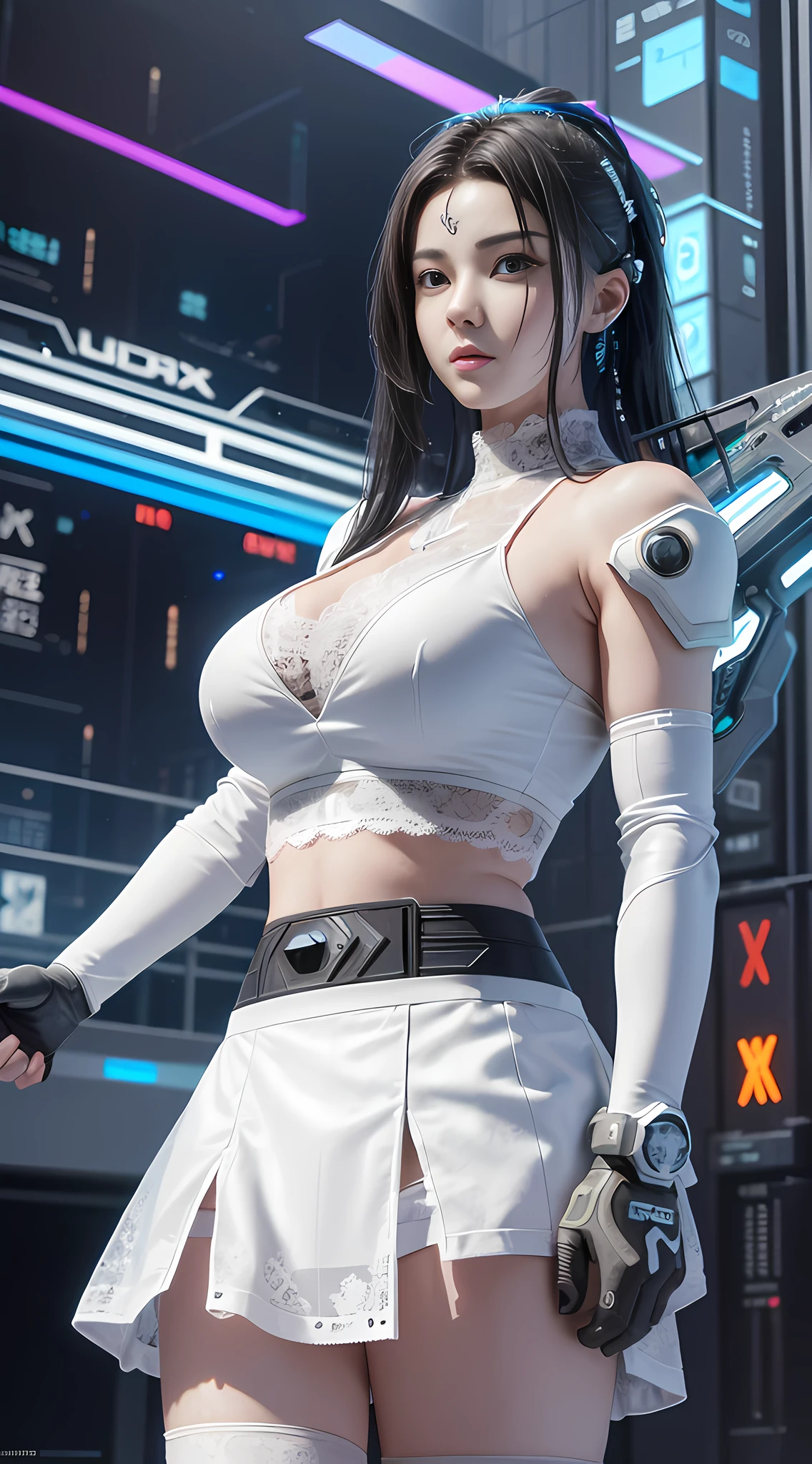 ((Best quality)), ((masterpiece)), (highly detailed:1.3), 3D, beautiful, (cyberpunk:1.6), in space, nebula, (holding_weapon:1.3), laser, (1Female mecha:1.3), sexy body, facing the audience, Glowing eyes, full body, (flying, swooping down, dynamic, motion blur: 1.4), (huge mech wings: 1.6), looking up, glowing_eyes, mecha, panorama, background is earth, nebula, space, particles, Reality, HDR (High Dynamic Range), Ray Tracing, NVIDIA RTX, Super Resolution, Unreal 5, Subsurface Scattering, PBR Textures, Post Processing, Anisotropic Filtering, Depth of Field, Maximum Clarity and Clarity, Multilayer Textures, Albedo and Specular maps, Surface shading, accurate simulation of light-material interaction, perfect proportions, Octane Render, two-tone lighting, large aperture, low ISO, white balance, rule of thirds, 8K RAW, efficient sub-pixel, sub-pixel volume product, (best quality),(Japanese:0.5),(korean:0.8), (Liu Yi Fei:1.5) long hair, (big breast:1.2),(underboob:1.5), (white transparent lace mini skirt:1.5)