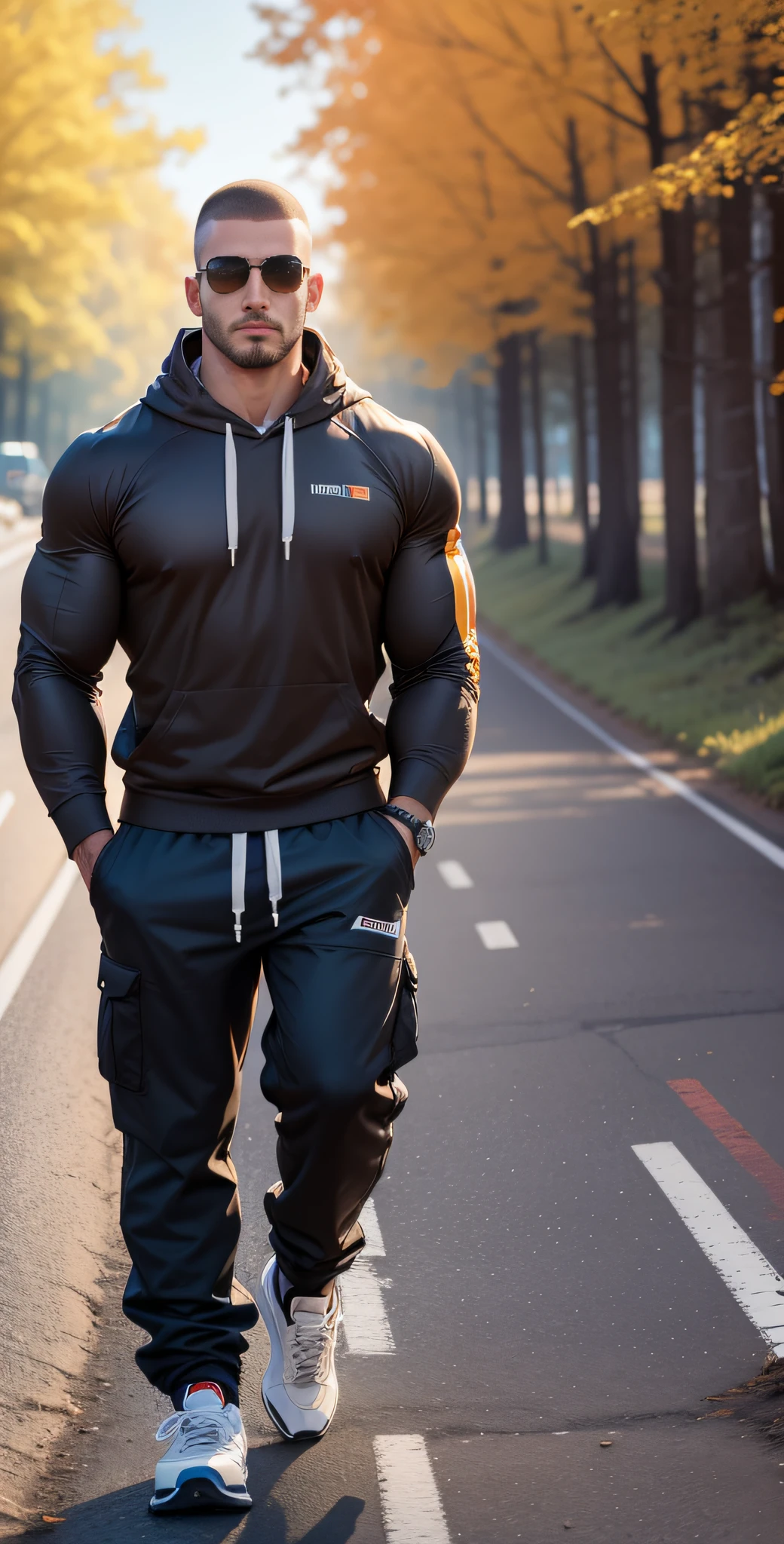 Man in off-white sweatshirt standing in the middle of a sunny highway，American round head，Buzz Cut，National character face，Tall and burly，muscular male hero，Heroic male pose，very muscly！Wear sunglasses，SKINS brand sports sweatshirt， Black hair，super buff and cool， commission for high res，  Character design: morning runner，sneaker shoes，Attractive strong men，The sun shines through the woods