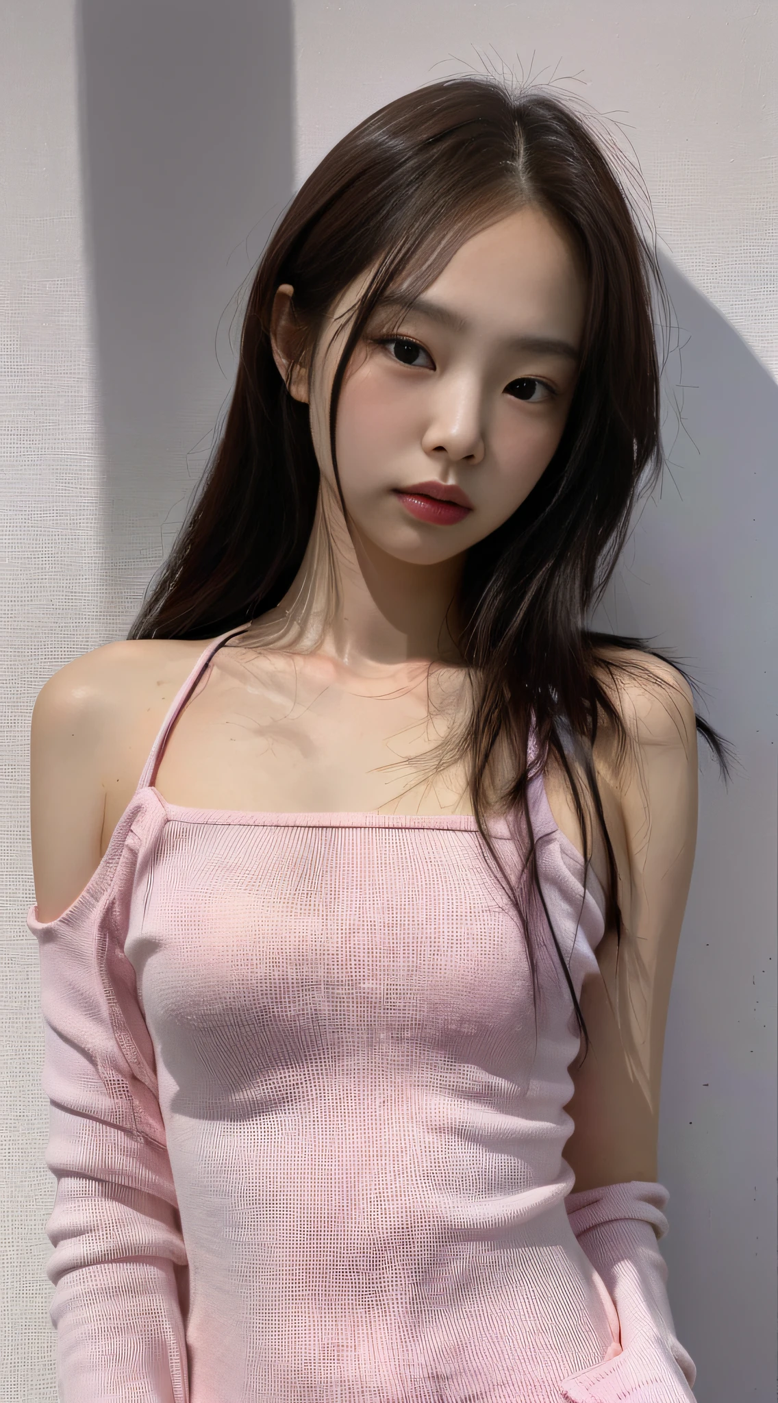 Bestquality, Jeizuo, Super High Resolution, Supermodel, Jennie face shape, Shoulder-chest portrait photo, Pink crop top hoodie, Pink underwear, big bust, RAW Photos, 1girl, Bare Shoulders, In the dark, deep shadows, low profile, cold light