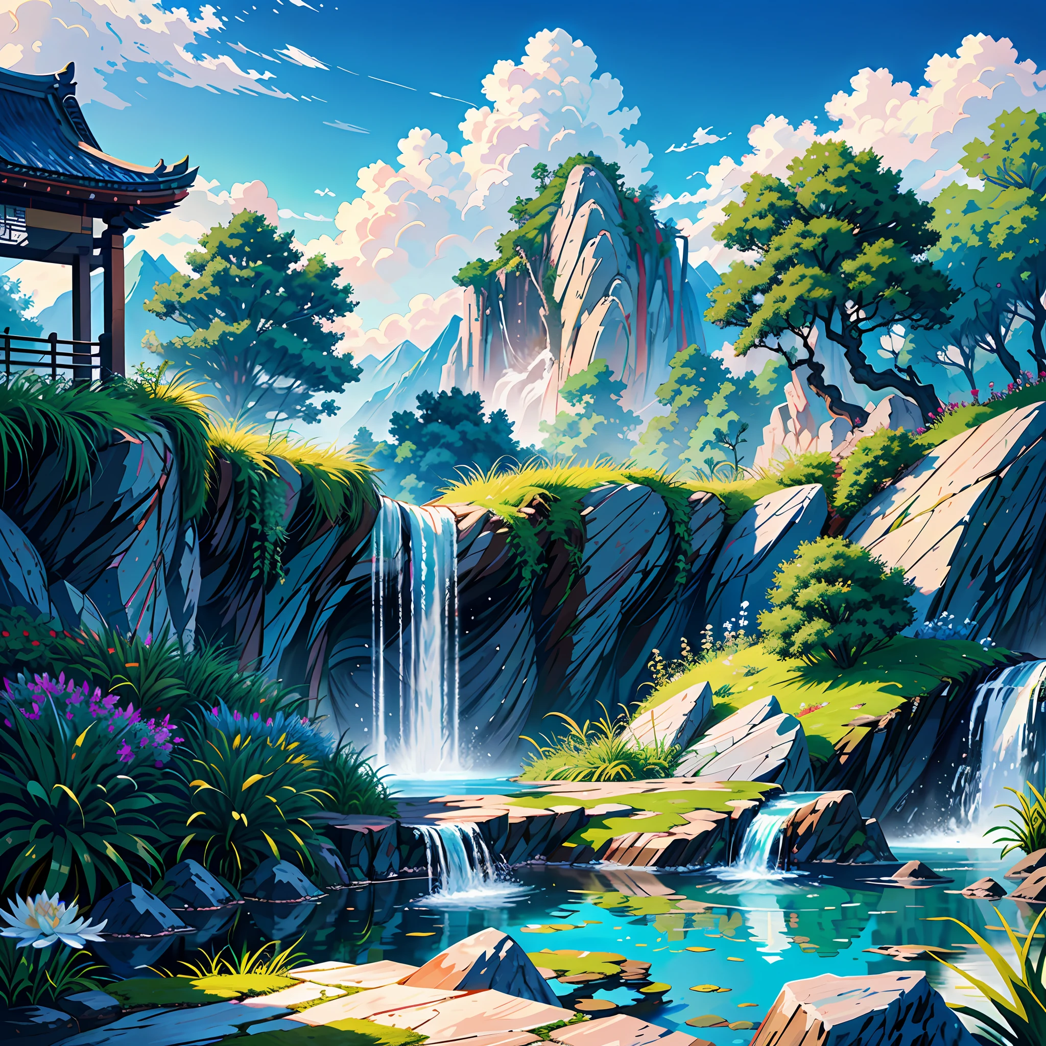 ancient Chinese architecture，blue sky，white clouds，garden，of bamboo，lakes，Stone，rockery，arches，corners，the trees，running water，landscape，out door，waterfalls，Grassland，Rock，water lilies，onsen，water vapour，（illustartion：1.0），Epic composition，Realistic lighting，high-definition details，Jeizuo，The best quality，（Very detailed CG unified 8k） --v 6