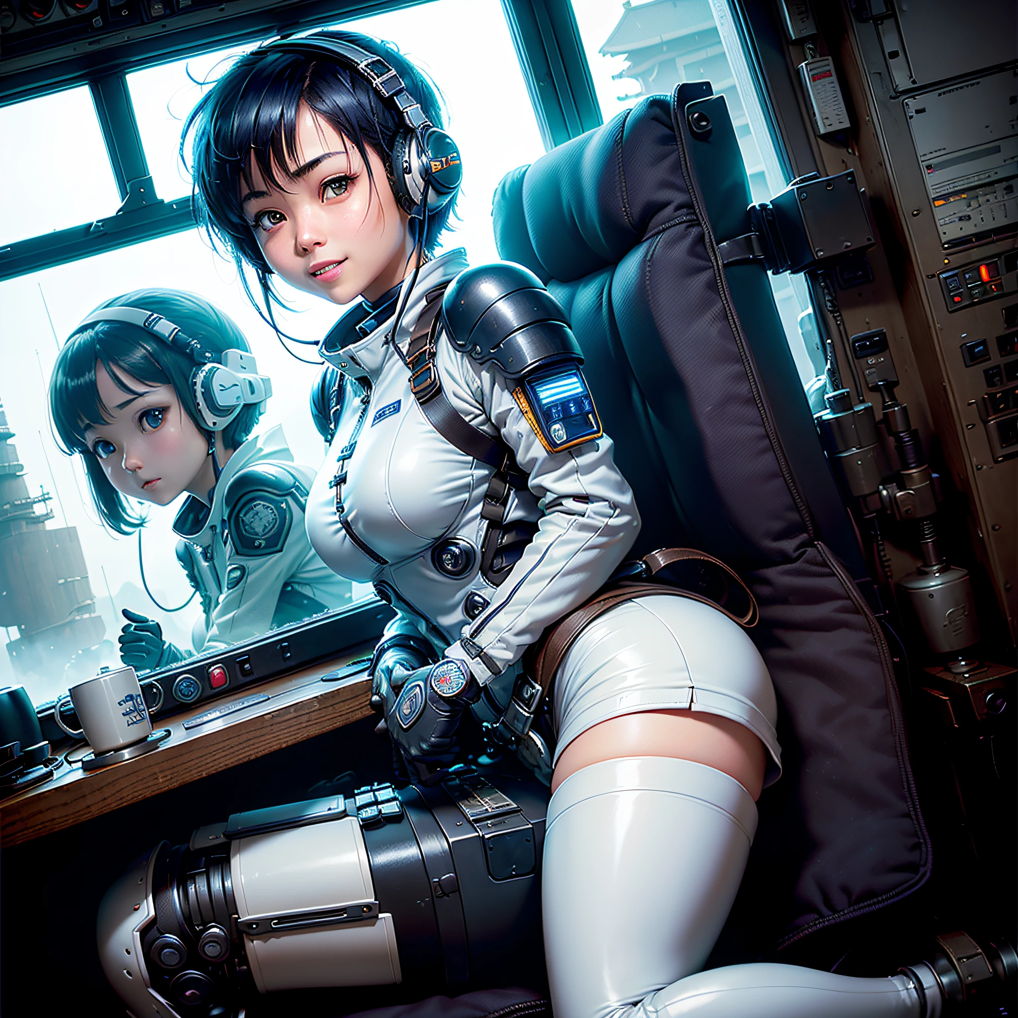 (A masterpie、bestquality、Top Resolution、distinct_image、Highly elaborate CG、Cinematic Lighting、raytracing、drop shadows、Detailed details、(photorealistic:1.4)、High quality textures、Fine-grained、Realistic facial expressions): (Lone Girl、Japan faces、Short blue hair、small size of breasts、Sparkly eyes、Eye Level Shot、Pilot suit in white and blue colors、Tight Fit Clothing、Clothing that covers the whole body、light grin smile、Beauty during、Slim Body、exoskeleton、heroine、headset、long boots、glove、Ride and steer a robot that leans forward、Control Panel、tool、Safeguards、Radar display equipment、touch panel、Various indicators、levers、Computer keyboard、mouse、Warning light、Fuel gauge、pressure gauge、Outside the window is a control tower、Large lever、Foot access pedal、Brake pedal、Chunky manual、Military base outside the window、wireless、Pilot Seat、cockpit)