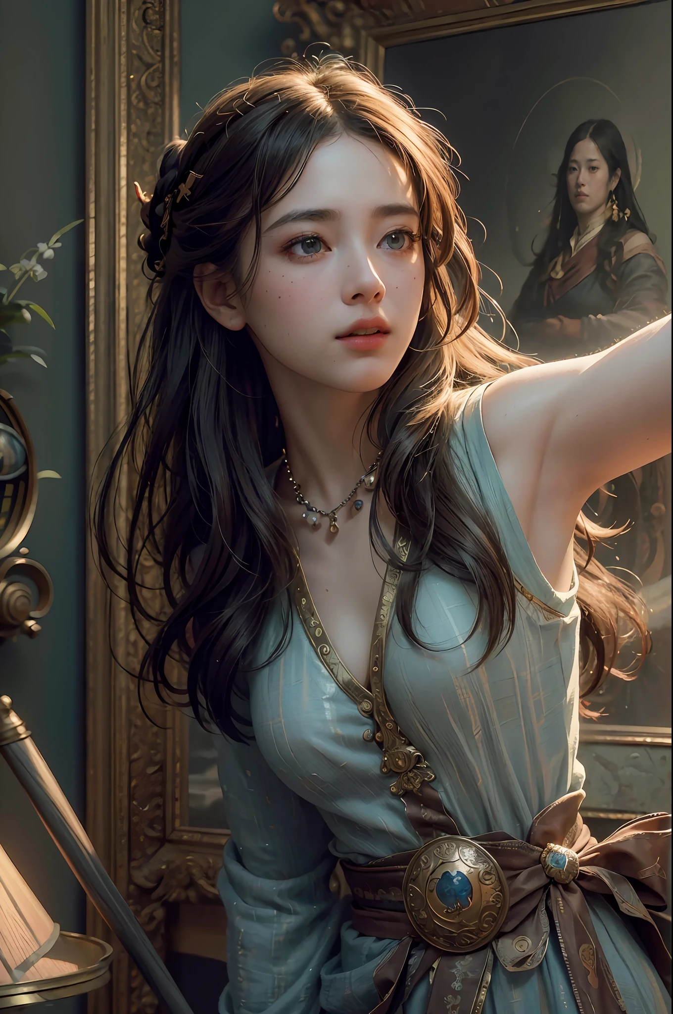 (RAW photo, best quality), (realistic, photo-realistic:1.3),best quality,highly detailed,masterpiece,ultra-detailed,illustration,1girl,upper_body,dynamic angle,world masterpiece theater,messy_long_hair,best quality,extremely detailed CG unity 8k wallpaper,ink,Amazing,cinematic lighting,lens_flare,,dunhuang_style