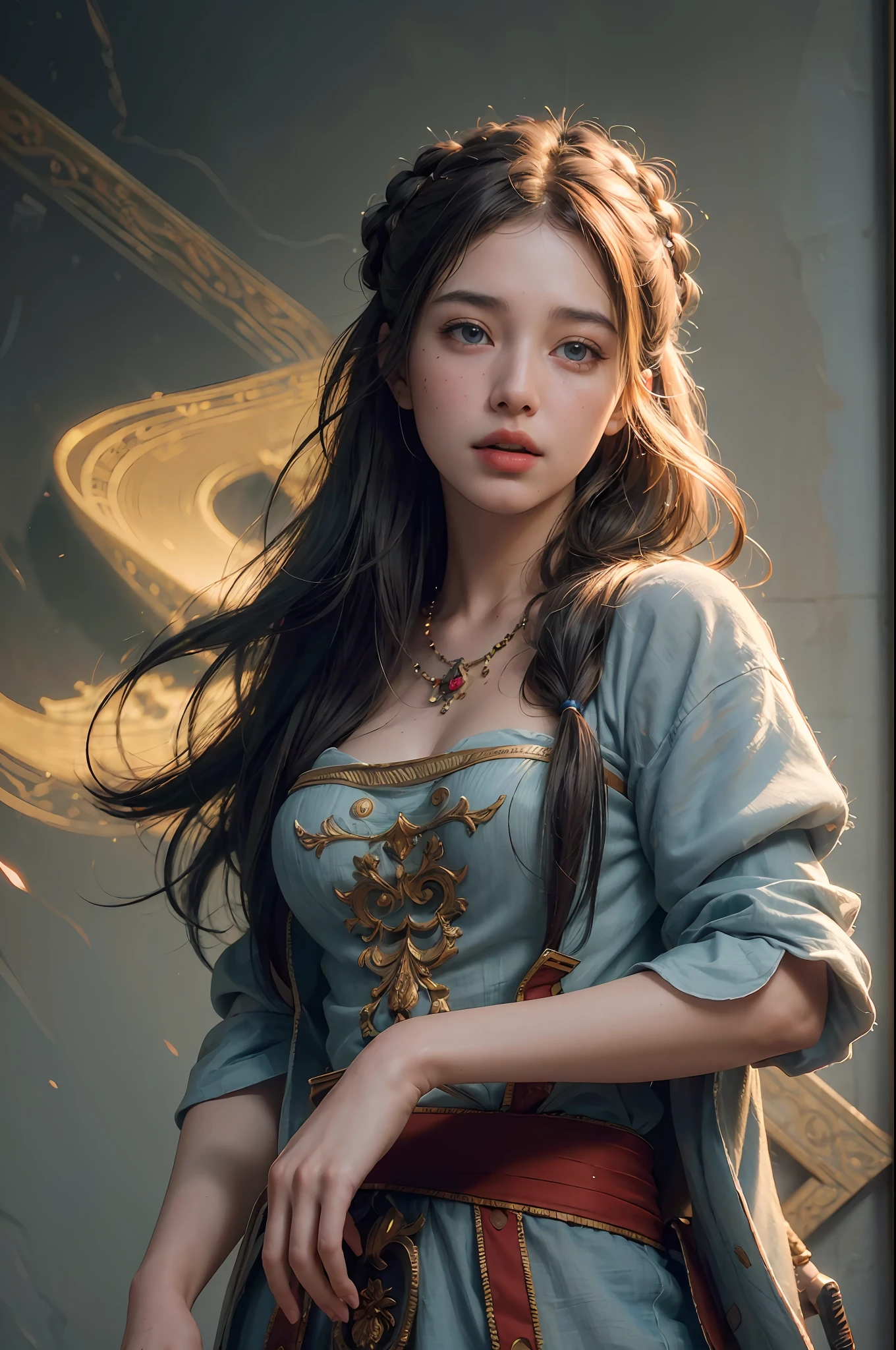 (RAW photo, best quality), (realistic, photo-realistic:1.3),best quality,highly detailed,masterpiece,ultra-detailed,illustration,1girl,upper_body,dynamic angle,world masterpiece theater,messy_long_hair,best quality,extremely detailed CG unity 8k wallpaper,ink,Amazing,cinematic lighting,lens_flare,,dunhuang_style