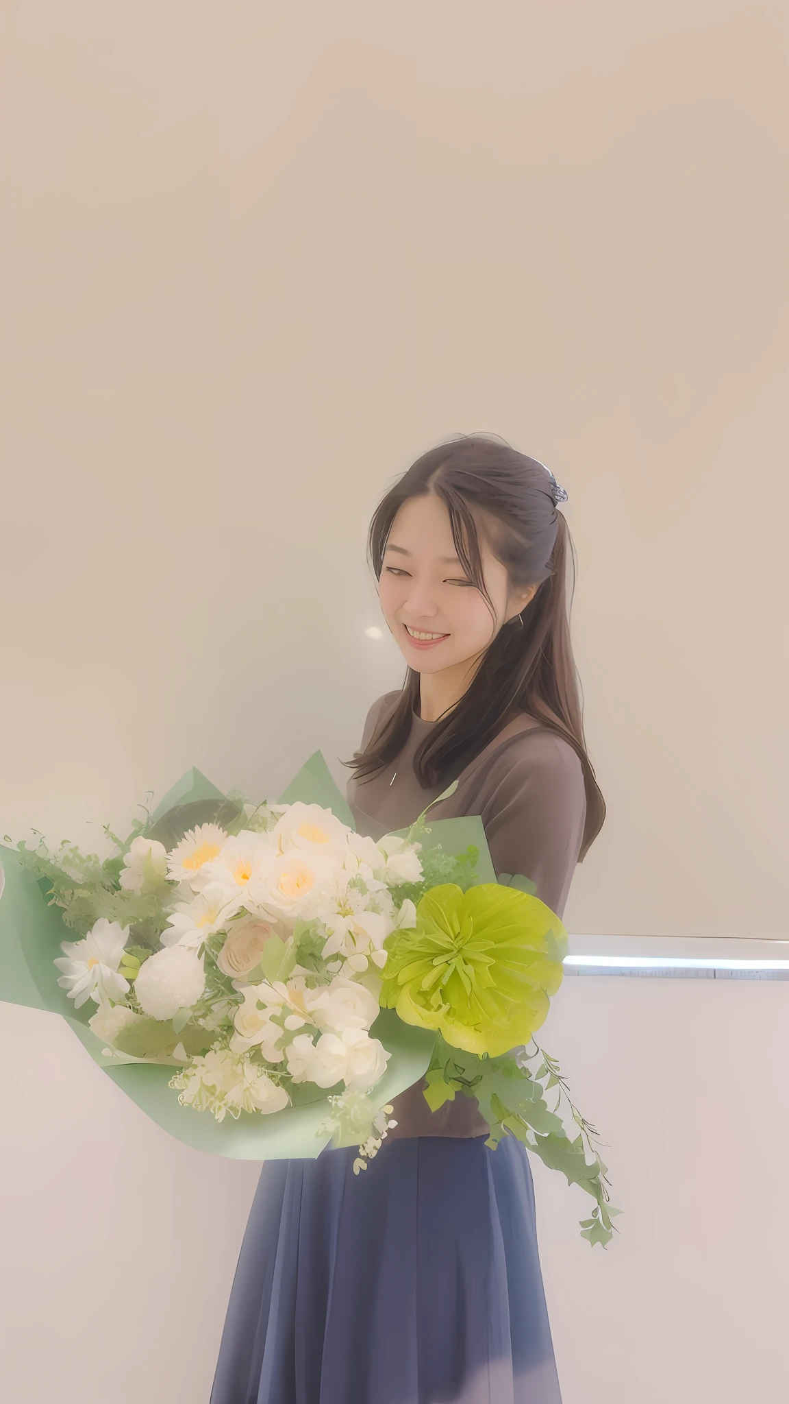 There was a beautiful and generous woman holding a bouquet of flowers in her hand, with flowers, holding flowers, bouquet, chiho, 中 元 节, heonhwa choe, with ivy, harumi, carrying flowers, yoshitomo nara, blooming, jaeyeon nam, sun yunjoo