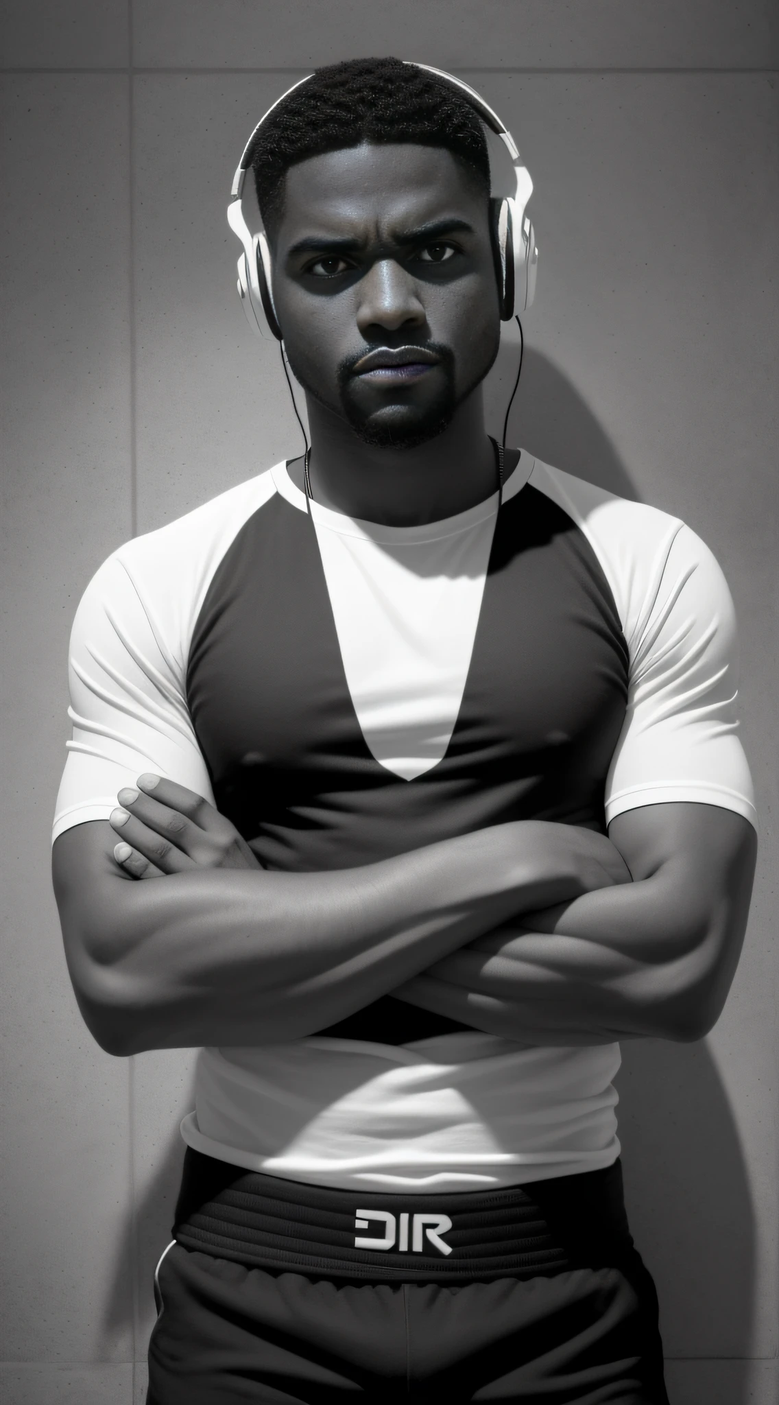 "((obra-antes)), hight resolution, photographic realism, fundo branco, DJ, homem negro de fones de ouvido pretos, blusa preta, perfil, arms crossed, serious expression, Appropriate lighting."