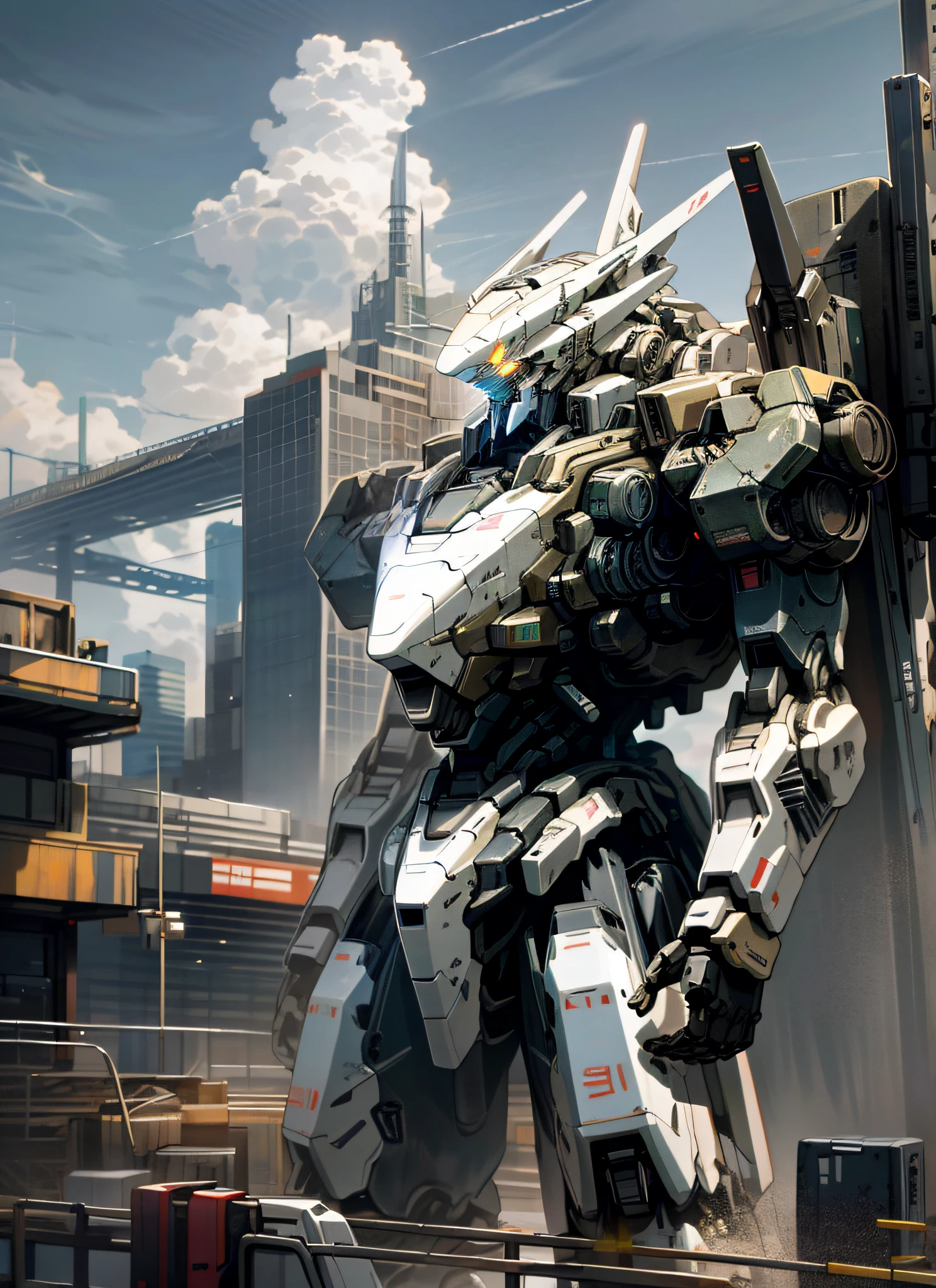 sky, cloud, holding_weapon, no_humans, glowing, , robot, building, glowing_eyes, mecha, science_fiction, city, realistic,mecha