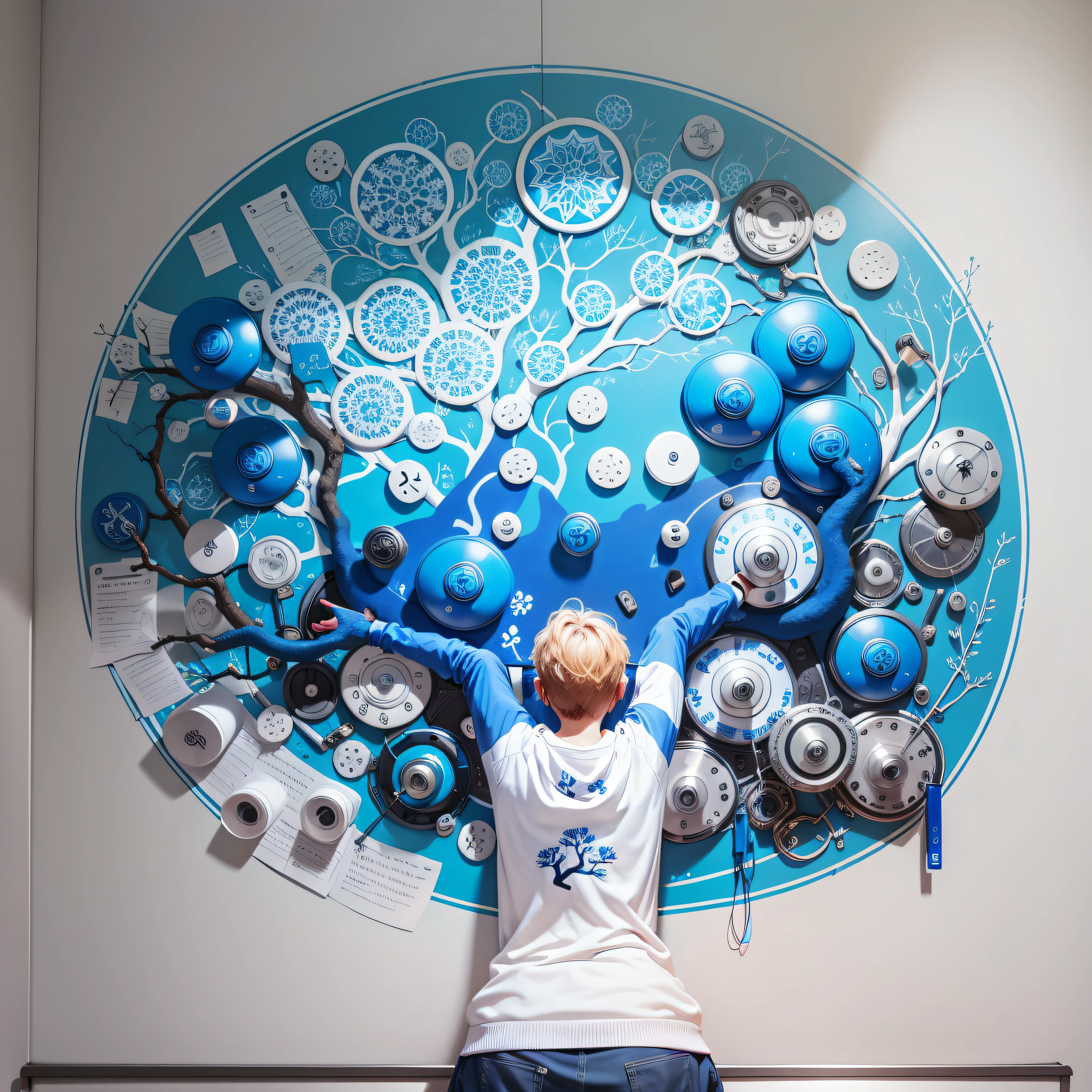 whiteboard with a blue tree made of white musical symbols. --auto --s2