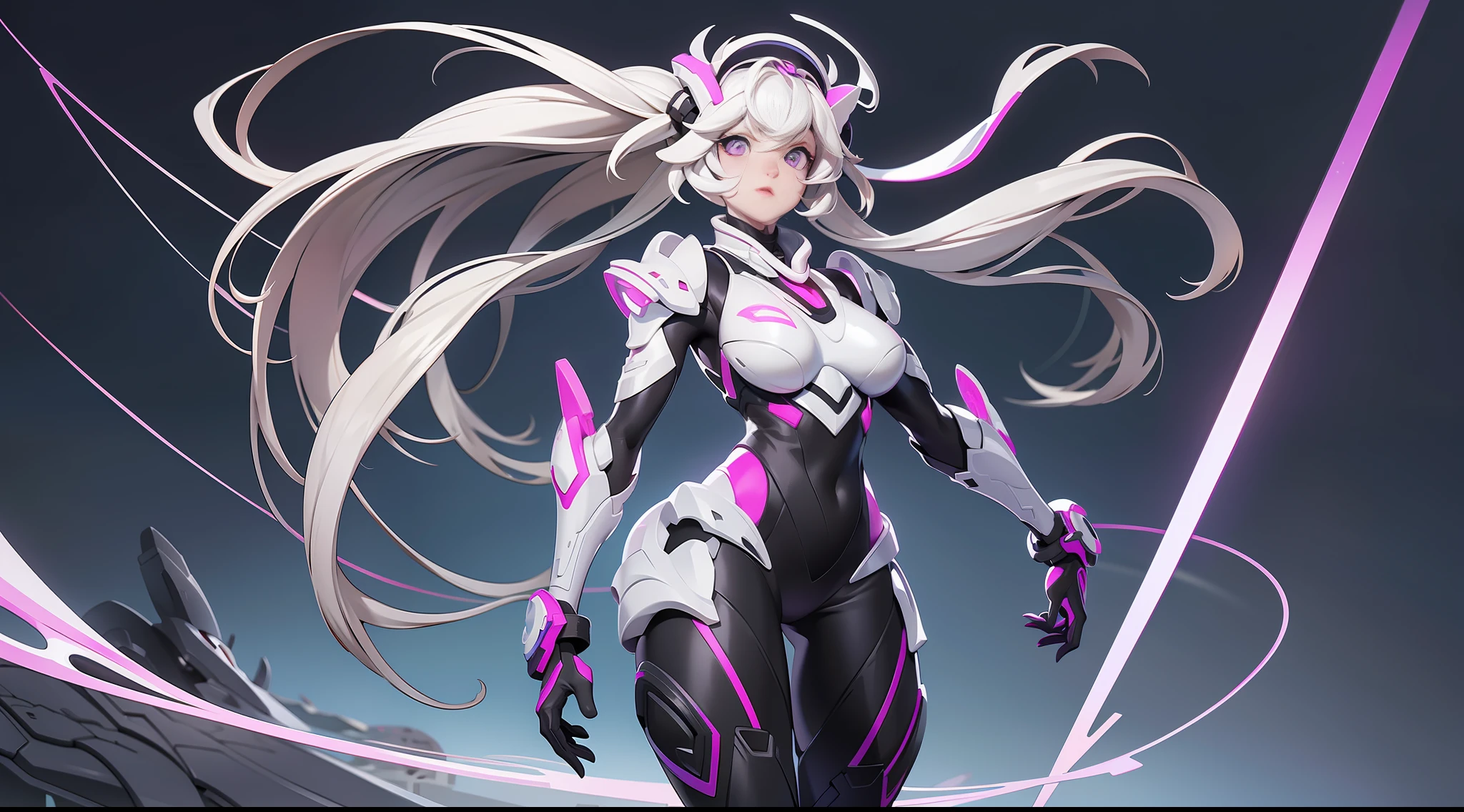 full body picture Unreal Engine 5 8K UHD of beautiful girl, short white hair, wearing futuristic black tight battle suit, futuristic tight helmet, futuristic neck collar, purple light details, best quality, masterpiece