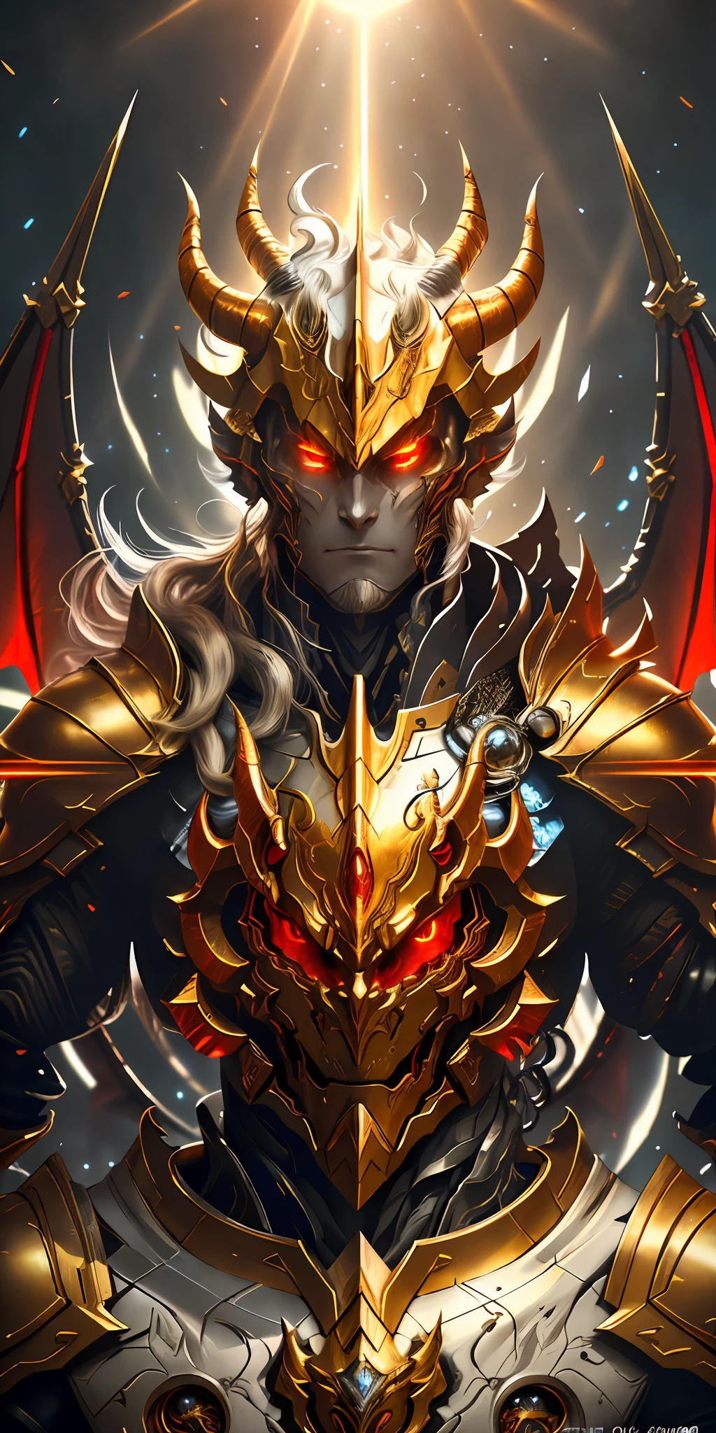 Dragon Knight, glowing eyes, red, gold, reflective, sunlight, blue sky, dramatic lighting, (masterpiece: 1.2), best quality, high resolution, Unity 8k wallpaper, (illustration: 1.0), beautiful details, extremely detailed, perfect lighting, extremely detailed CG, backlight, a pair of large wings on and a pair of small wings under, wlop