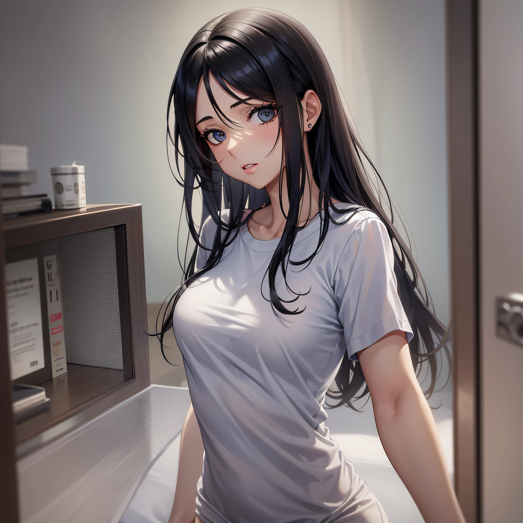 mulher magra, roupas grandes, pernas magras, roupas hospitalares, cabelos curto, disease, Pijama, black hair, asymmetrical hair, olhos em branco, sorrir, feliz, Hiper realismo, anime style, Realismo, anatomicamente correto, pele texturizada, melhor qualidada