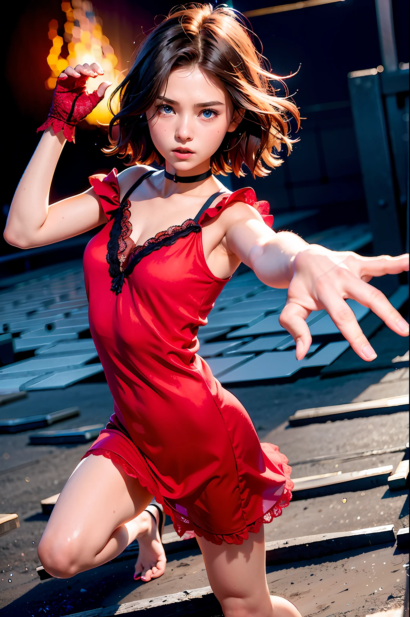 (((1 GIRL, cuteness,Red lace silk nightdress, mittens, brond hair, with short hair, Wave head, side parted hair, Blue Eyes))), (((brond hair))), dynamic poses, in style of manga, Depicts a group of characters in various action scenes,From intense battles to relaxing moments,With dramatic speed lines and bold sound effects,Capture the excitement and energy of the story,Laser emitted by the palm of the hand,Attack forward with the palm of your hand,Yellowstone,Grand canyon,