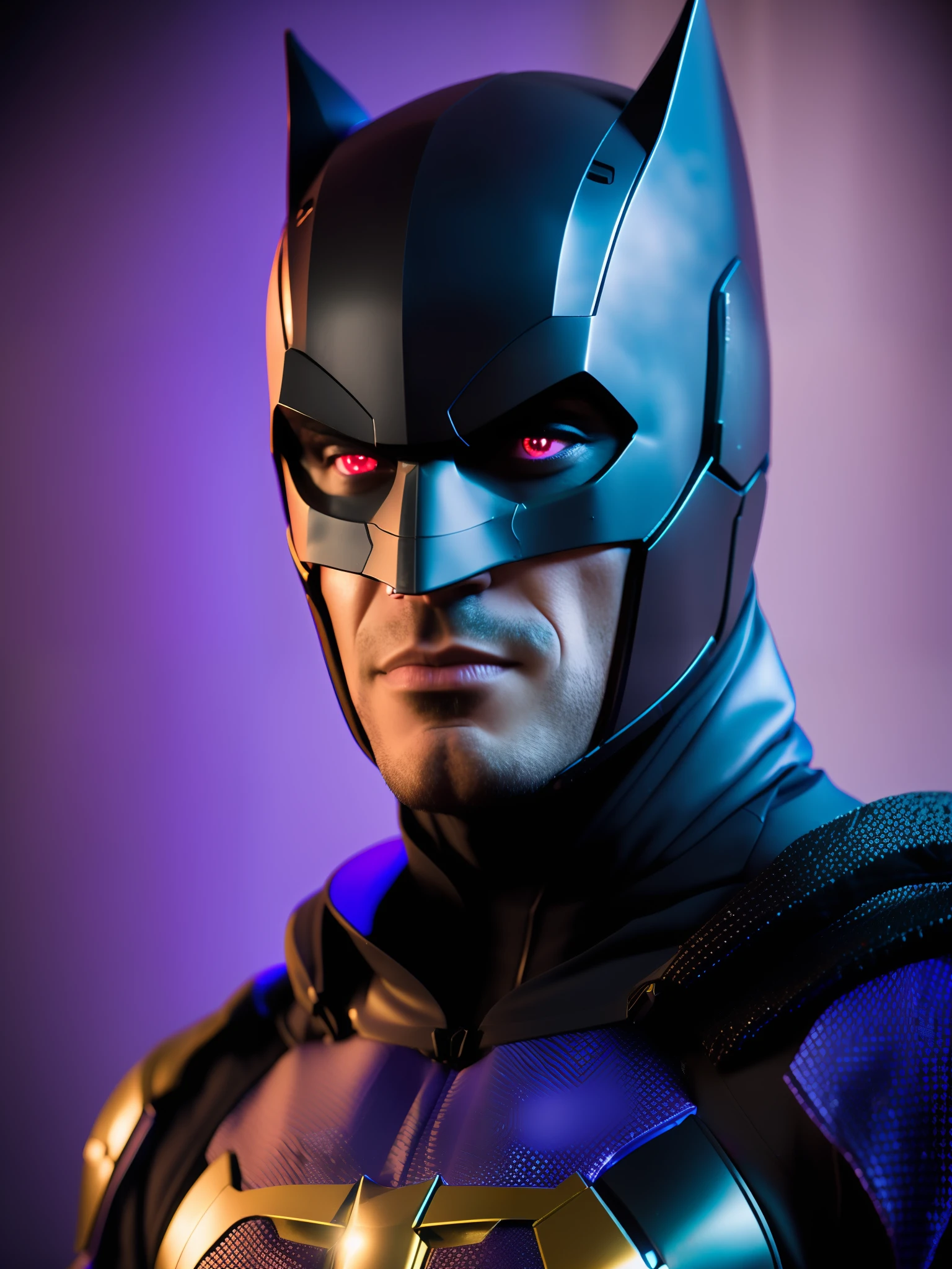 Batman award-winning photo of a man, superhero suit, square jawline, asymmetric face, purple light, 80mm, bokeh, mass effect, close up, fking_cinema_v2, 8k, cinematic