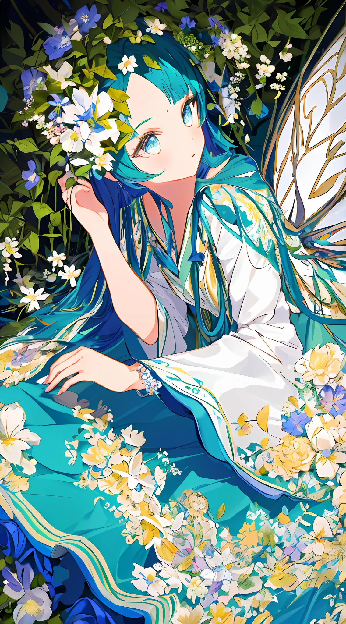 "MASTERPIECE, (best picture quality), ((best detailed)), Bokeh depth of field, Beautiful girl, beautiful face, Natural、Smart、A world of colors blooming, Flowers、colobutterfly, Fairy and colorful long dress."