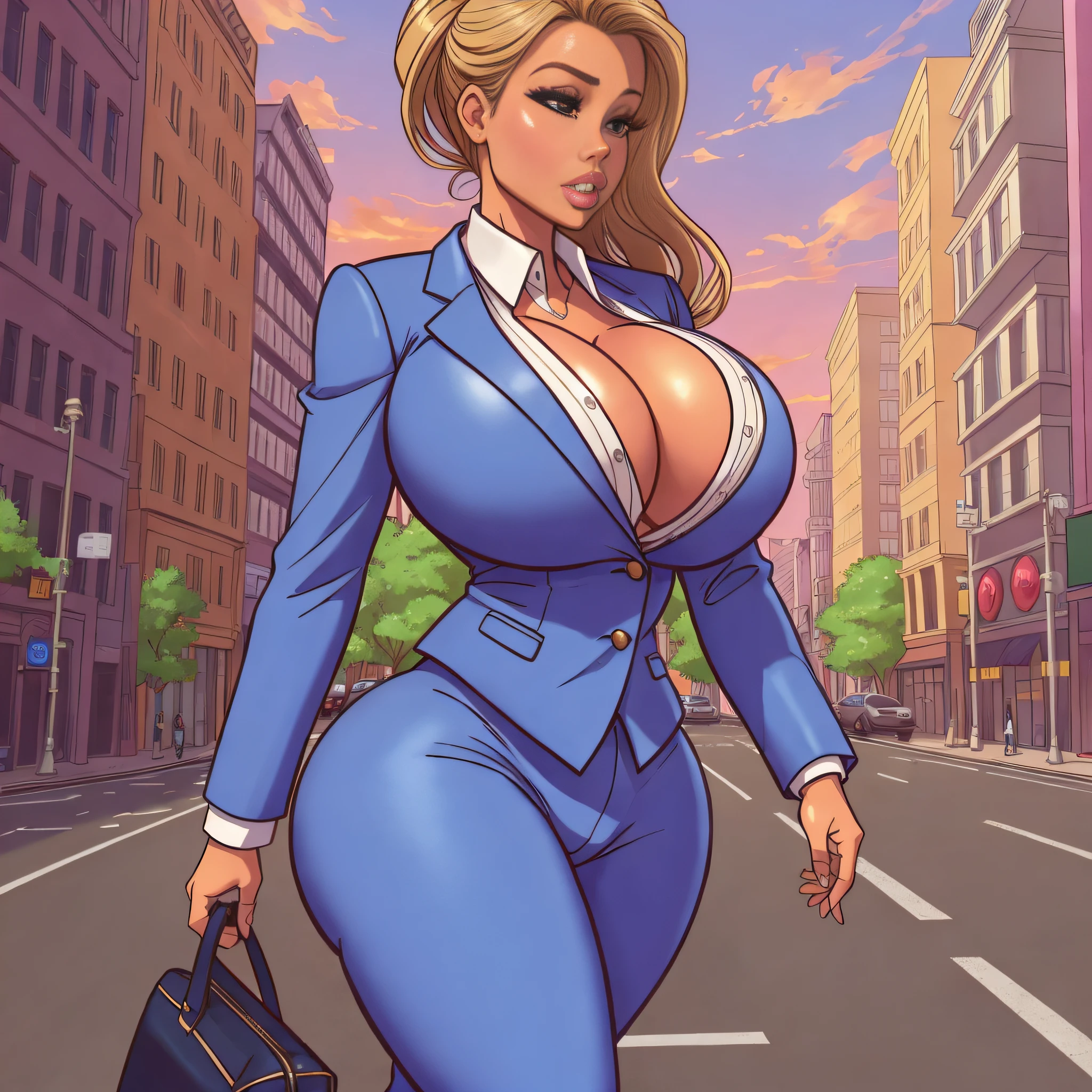 1 girl, 30 year old girl, Walking forward down the street, round breasts, big boobs, wide thighs, thicc, big booty, big ass, In a business suit, Cartoon, 8K, 4K, HDR