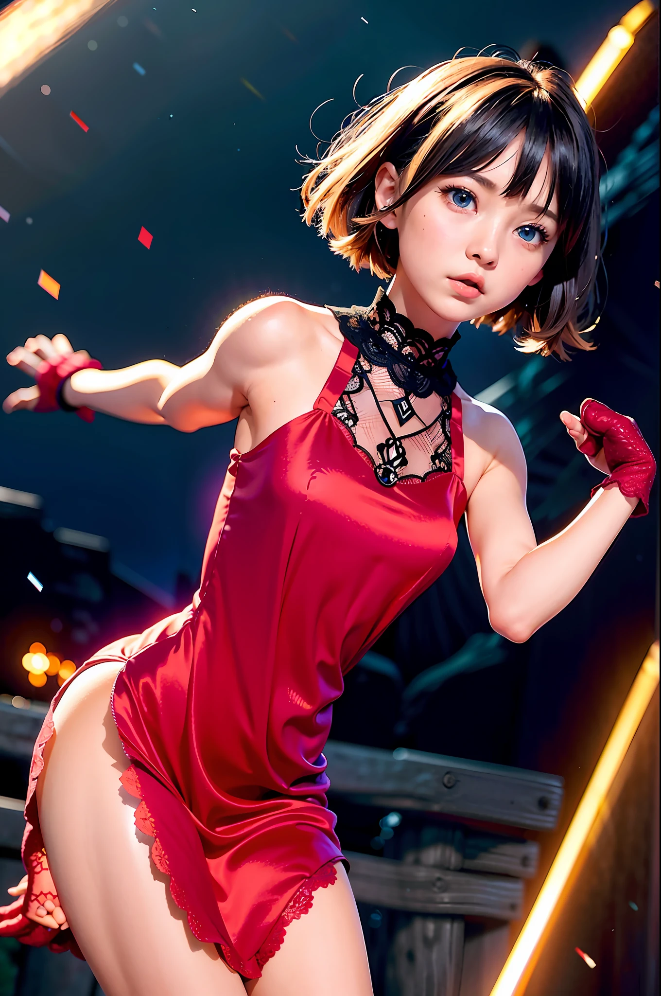 (((1 GIRL, cuteness,Red lace silk nightdress,  mittens, brond hair, with short hair, Wave head, side parted hair, Blue Eyes))), (((brond hair))), dynamic poses, in style of manga, Depicts a group of characters in various action scenes，From intense battles to relaxing moments，With dramatic speed lines and bold sound effects，Capture the excitement and energy of the story，Laser emitted by the palm of the hand，Attack forward with the palm of your hand，Yellowstone，Grand canyon，