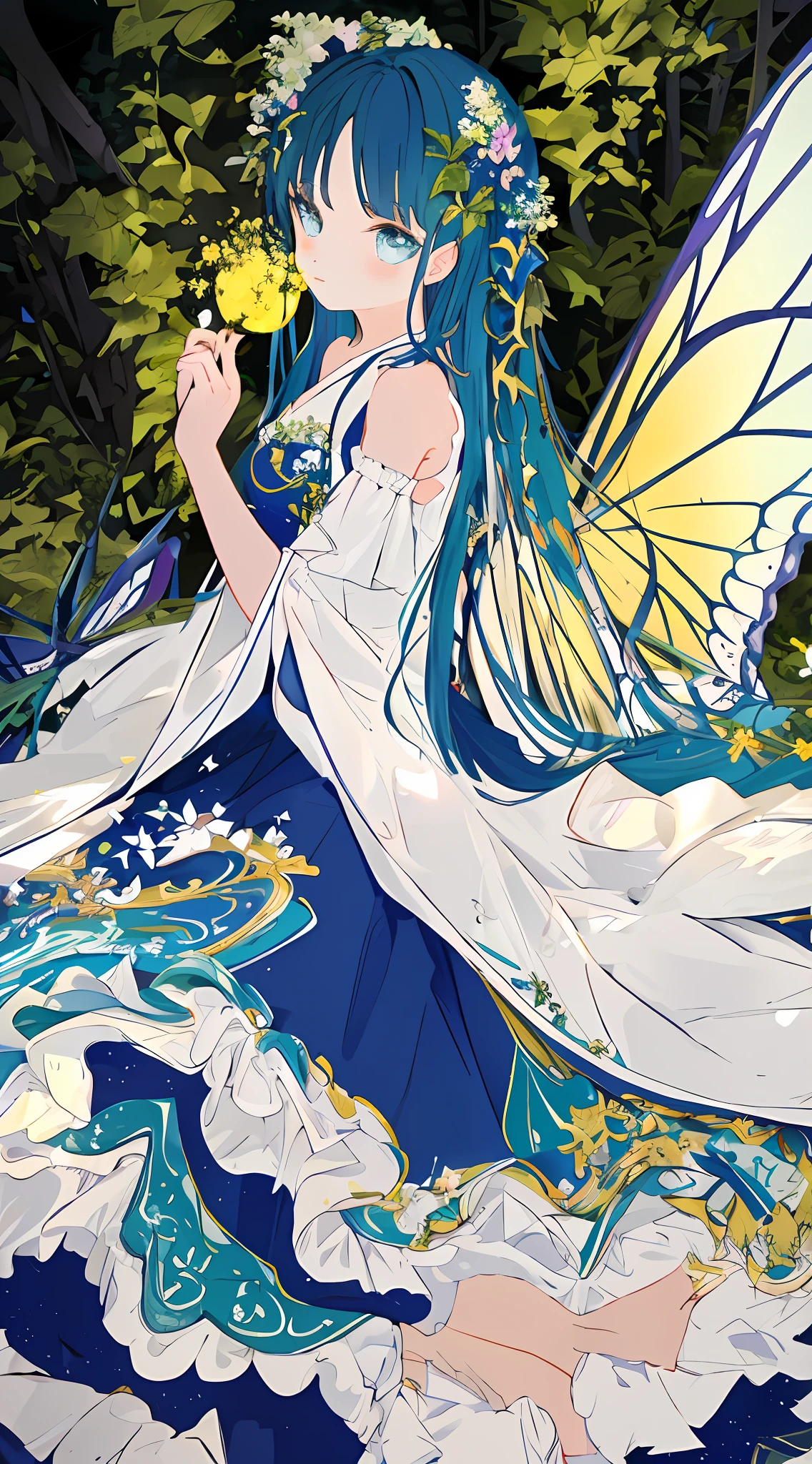 "MASTERPIECE, (best picture quality), ((best detailed)), Bokeh depth of field, Beautiful girl, beautiful face, Natural、Smart、A world of colors blooming, Flowers、colobutterfly, Fairy and colorful long dress."