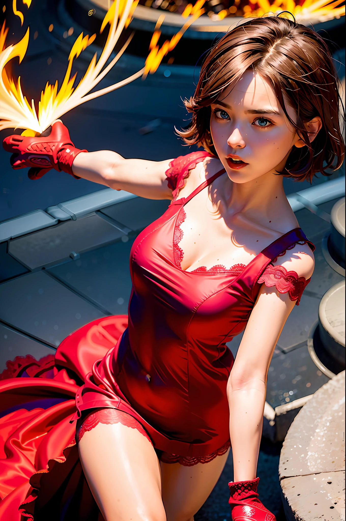 (((1 GIRL, cuteness,Red lace silk nightdress, mittens, brond hair, with short hair, Wave head, side parted hair, Blue Eyes))), (((brond hair))), dynamic poses, in style of manga, Depicts a group of characters in various action scenes,From intense battles to relaxing moments,With dramatic speed lines and bold sound effects,Capture the excitement and energy of the story,Laser emitted by the palm of the hand,Attack forward with the palm of your hand,Yellowstone,Grand canyon,