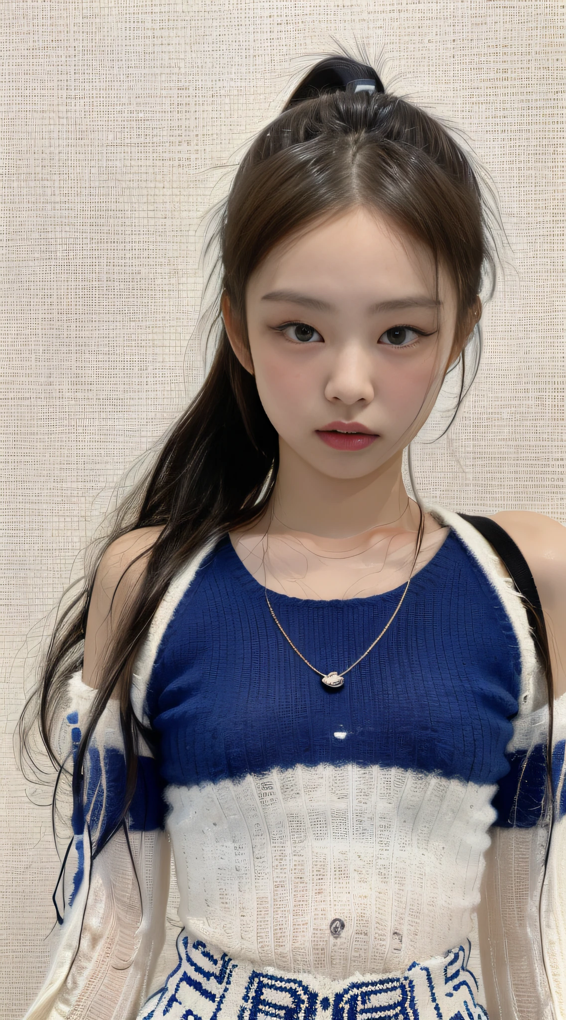 Bestquality, MASTERPIECE, Jennie face shape,ponytail, solo,_Kim Ji-ni Jennie face,Wear a royal blue armband sweater,Short model,White bandeau inside,blue shorts,,sex appeal,cuteness,white legwear,Background campus,FULL-bodyphoto,looks at the viewer,World-weary face,Indifferent eyes,Korean style photo photo,Photographic lighting,Strong contrast,Sunlight on the face,World-weary face,Sense of premium, 8K resolution image,Intricately symmetrical details。The movements are smooth,Full picture。