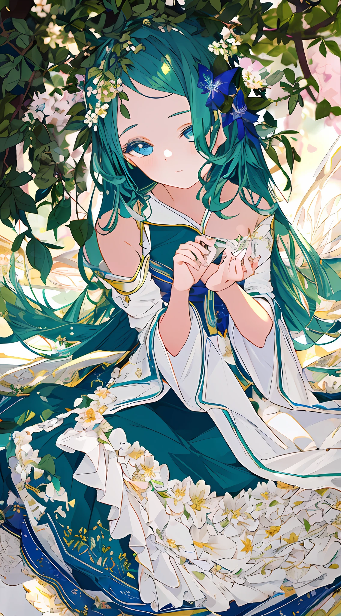 "MASTERPIECE, (best picture quality), ((best detailed)), Bokeh depth of field, Beautiful girl, beautiful face, Natural、Smart、A world of colors blooming, Flowers、colobutterfly, Fairy and colorful long dress."