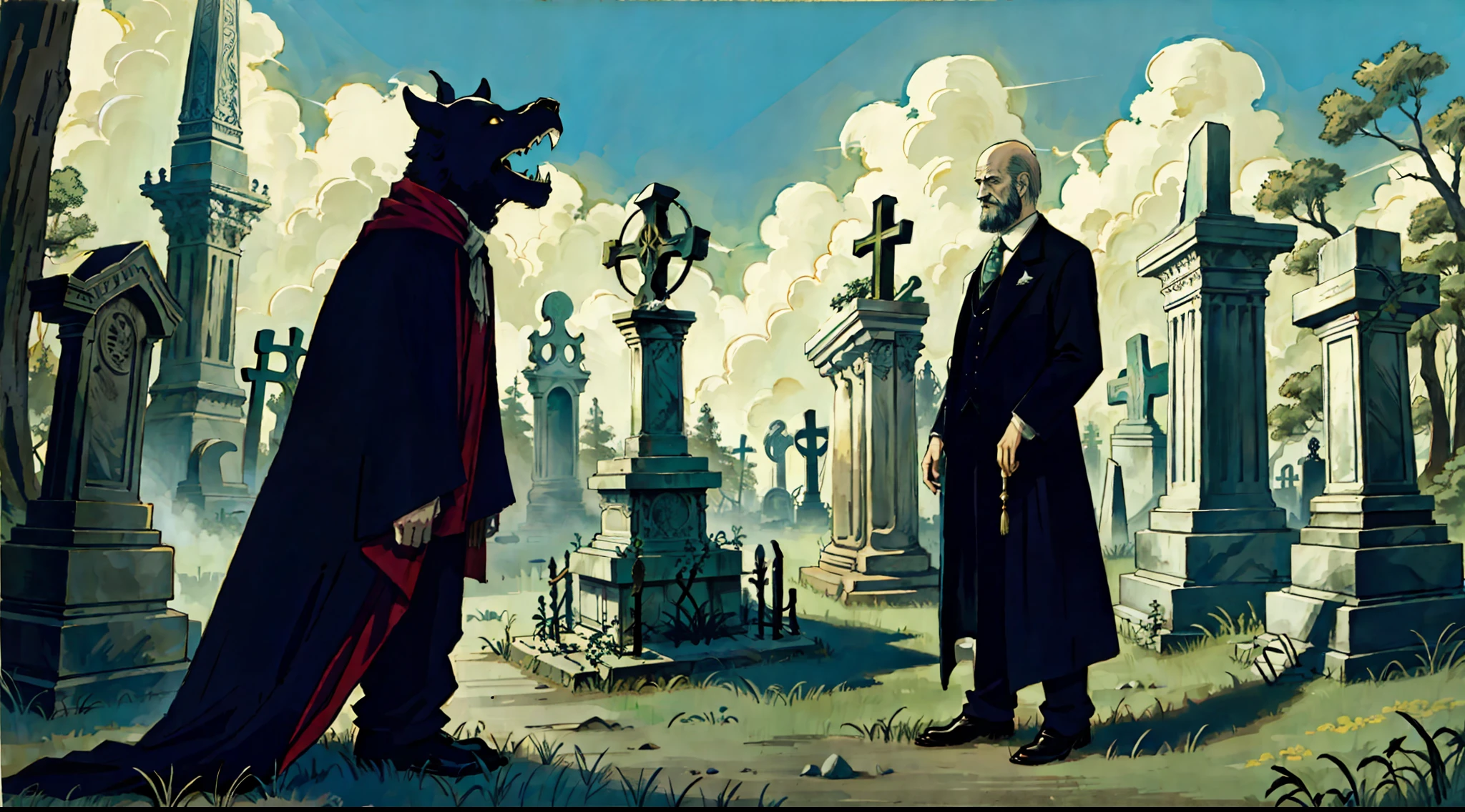 An elemental cryptid in an enchanting cemetery by Edward Gorey and Fritz Bleyl
