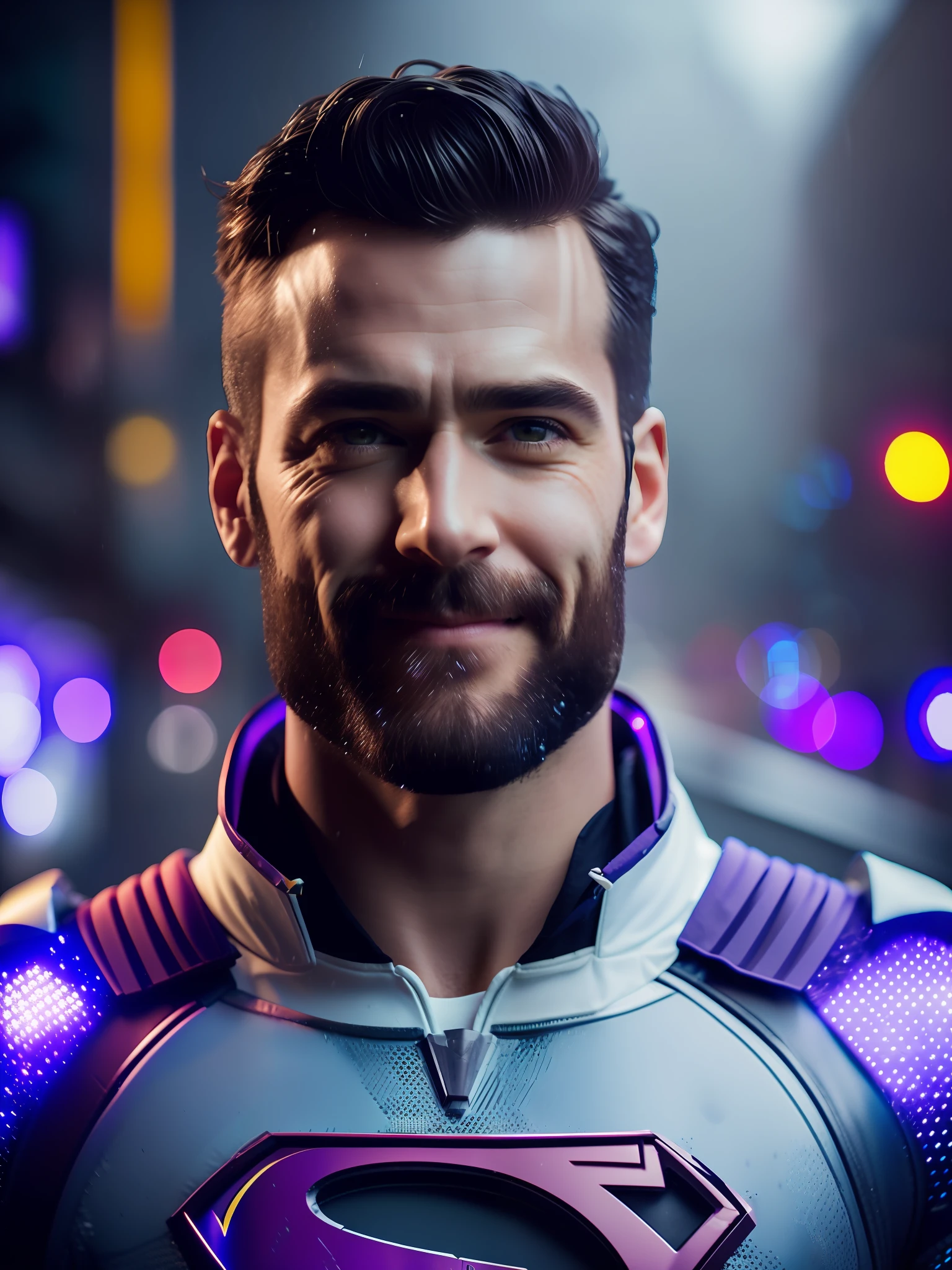 Superman award-winning photo of a man, white superhero suit, square jawline, asymmetric face, big beard, in rain, smiling, purple light, 80mm, bokeh, mass effect, close up, fking_cinema_v2, 8k, cinematic