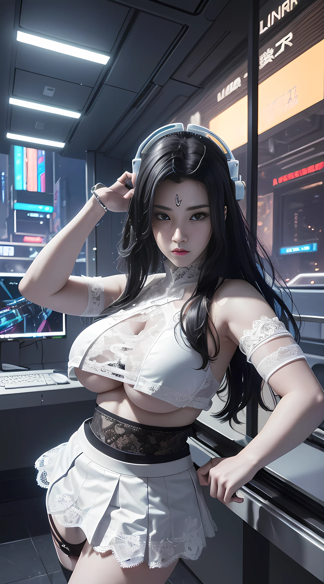 ((Best quality)), ((masterpiece)), (highly detailed:1.3), 3D, beautiful, (cyberpunk:1.6), in space, nebula, (holding_weapon:1.3), laser, (1Female mecha:1.3), sexy body, facing the audience, Glowing eyes, full body, (flying, swooping down, dynamic, motion blur: 1.4), (huge mech wings: 1.6), looking up, glowing_eyes, mecha, panorama, background is earth, nebula, space, particles, Reality, HDR (High Dynamic Range), Ray Tracing, NVIDIA RTX, Super Resolution, Unreal 5, Subsurface Scattering, PBR Textures, Post Processing, Anisotropic Filtering, Depth of Field, Maximum Clarity and Clarity, Multilayer Textures, Albedo and Specular maps, Surface shading, accurate simulation of light-material interaction, perfect proportions, Octane Render, two-tone lighting, large aperture, low ISO, white balance, rule of thirds, 8K RAW, efficient sub-pixel, sub-pixel volume product, (best quality),(Japanese:0.5),(korean:0.8), (Liu Yi Fei:1.5) long hair, (big breast:1.2),(underboob:1.5), (white transparent lace mini skirt:1.5)