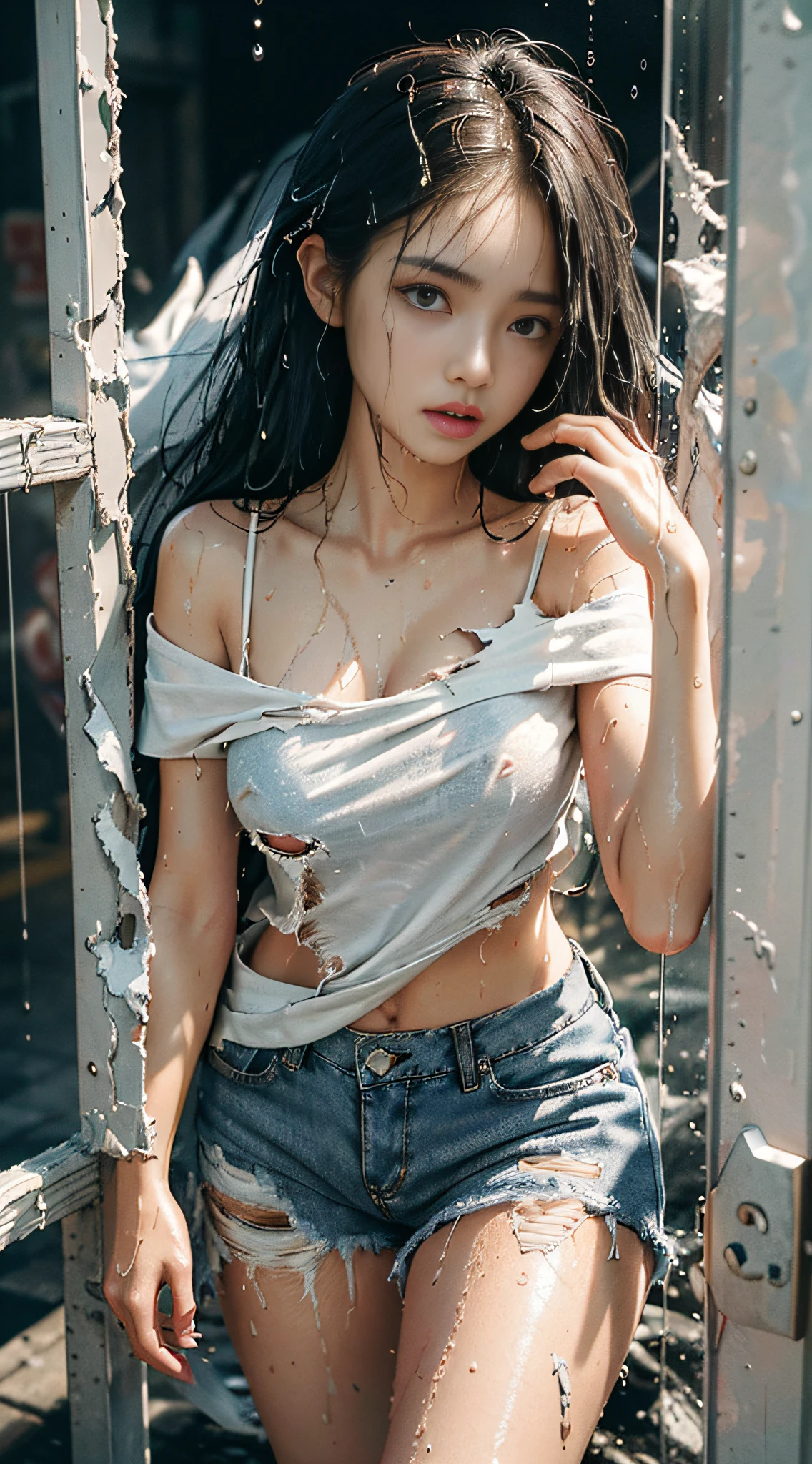 best image quality, masterpiece, super high resolution, (fidelity:1.4), photo, 1 girl, white shirt, torn jeans, white sneakers, dim, darkness, despair, pity, poor, movie, tears, teardrops, (torn clothes:1.5), (wet clothes:1.4), bare shoulders, real rain, wet hair,..