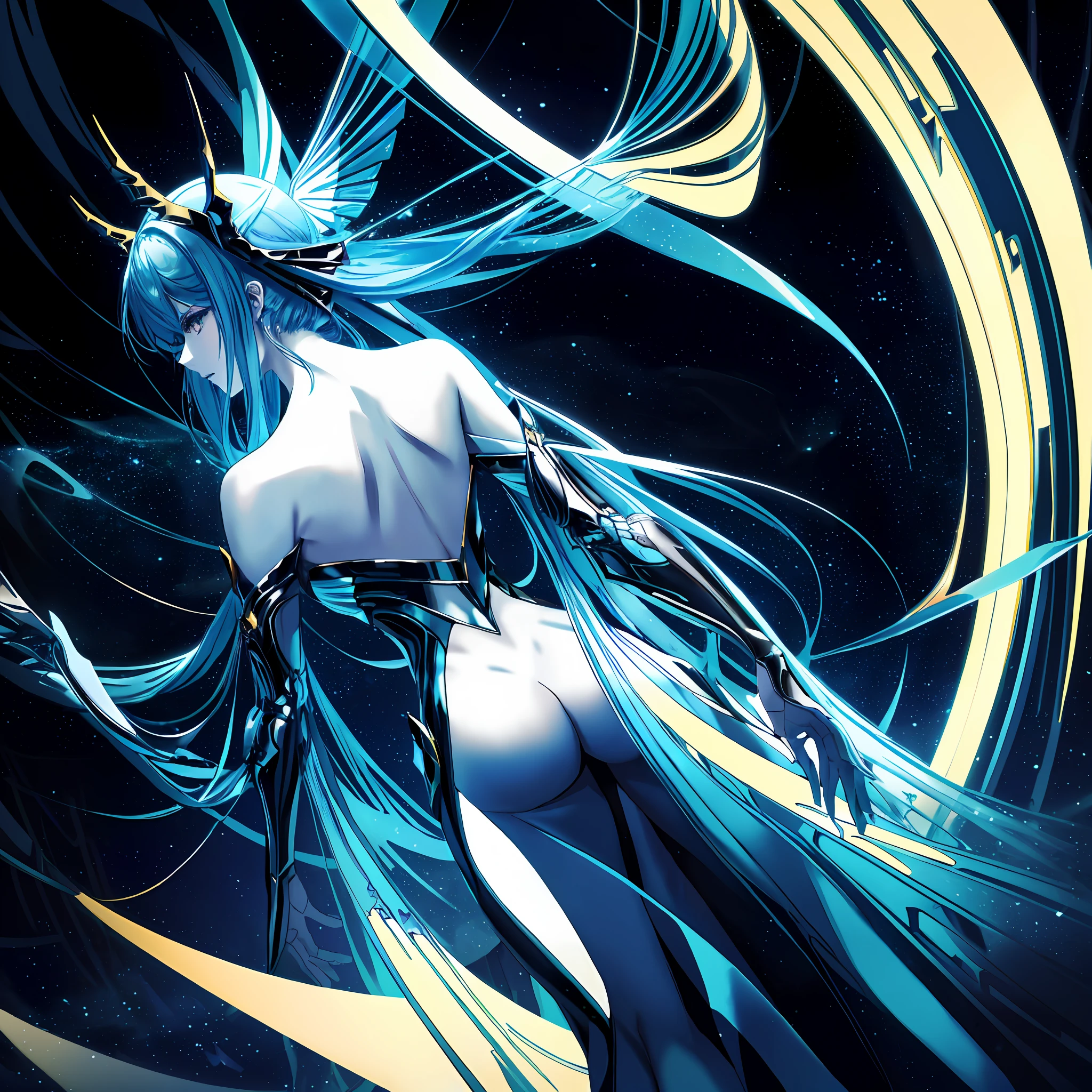 anime characters,Top manga master works,Full body back pose,Comic art,The art of the body,Blue and black art,A woman in a golden robe,phantom,very ethereal,An ethereal stillness,Incredibly ethereal,"Ethereal,Dreamy and hazy,Back view,ethereal and dreamy,Fantastic medium portrait top light,weird,Soft ethereal lighting,dreamy and ethereal,ethereal,8kwallpaper