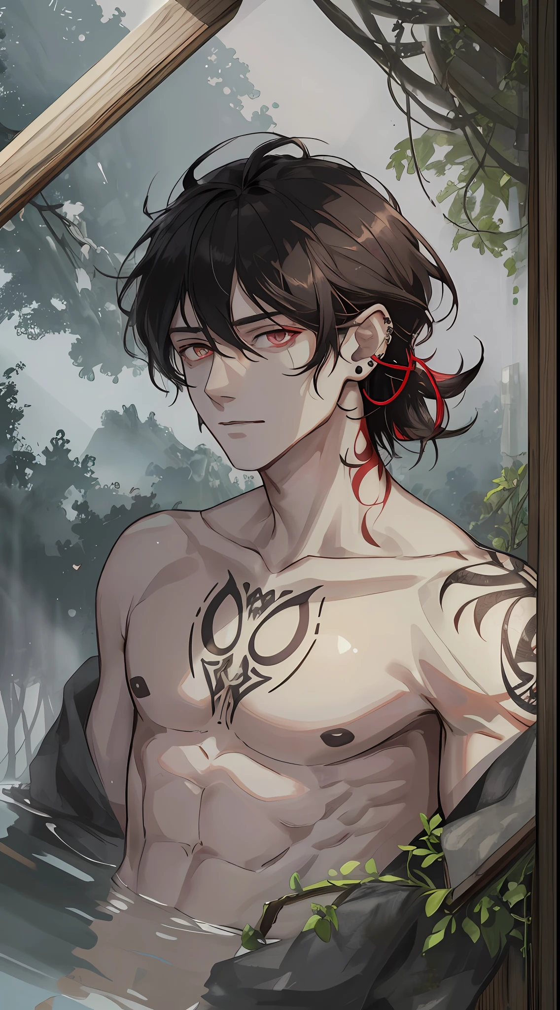 (((8k, photo in RAW format, Best Quality, masterwork: 1.4))), Super High Resolution, super detailed, Hot Spring, 1man, beautiful man, red eyes, (Detailed eyes, Bright eyes:1.2), black medium-length hair, wet hair, drops of water on the body, elf, pale colored skin, Ear piercings, Athletic body, inflated press, (Perfect anatomy:1.2), High quality shadows, natural lighting, (White glare:1.2), (tattoo on the neck)