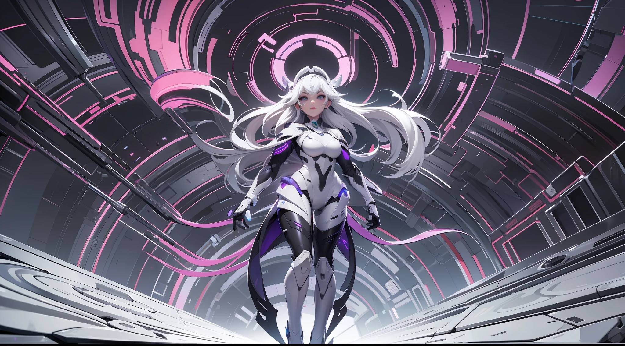 full body picture Unreal Engine 5 8K UHD of beautiful girl, short white hair, wearing futuristic black tight battle suit, futuristic tight helmet covered whole, futuristic neck collar, purple light details, evil face, best quality, masterpiece