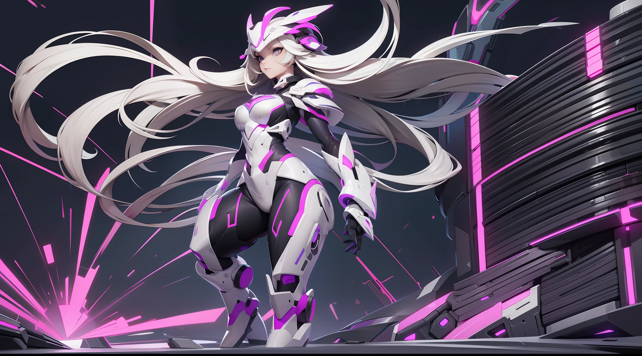 full body picture Unreal Engine 5 8K UHD of beautiful girl, short white hair, wearing futuristic black tight battle suit, futuristic tight helmet covered whole, futuristic neck collar, purple light details, evil face, best quality, masterpiece