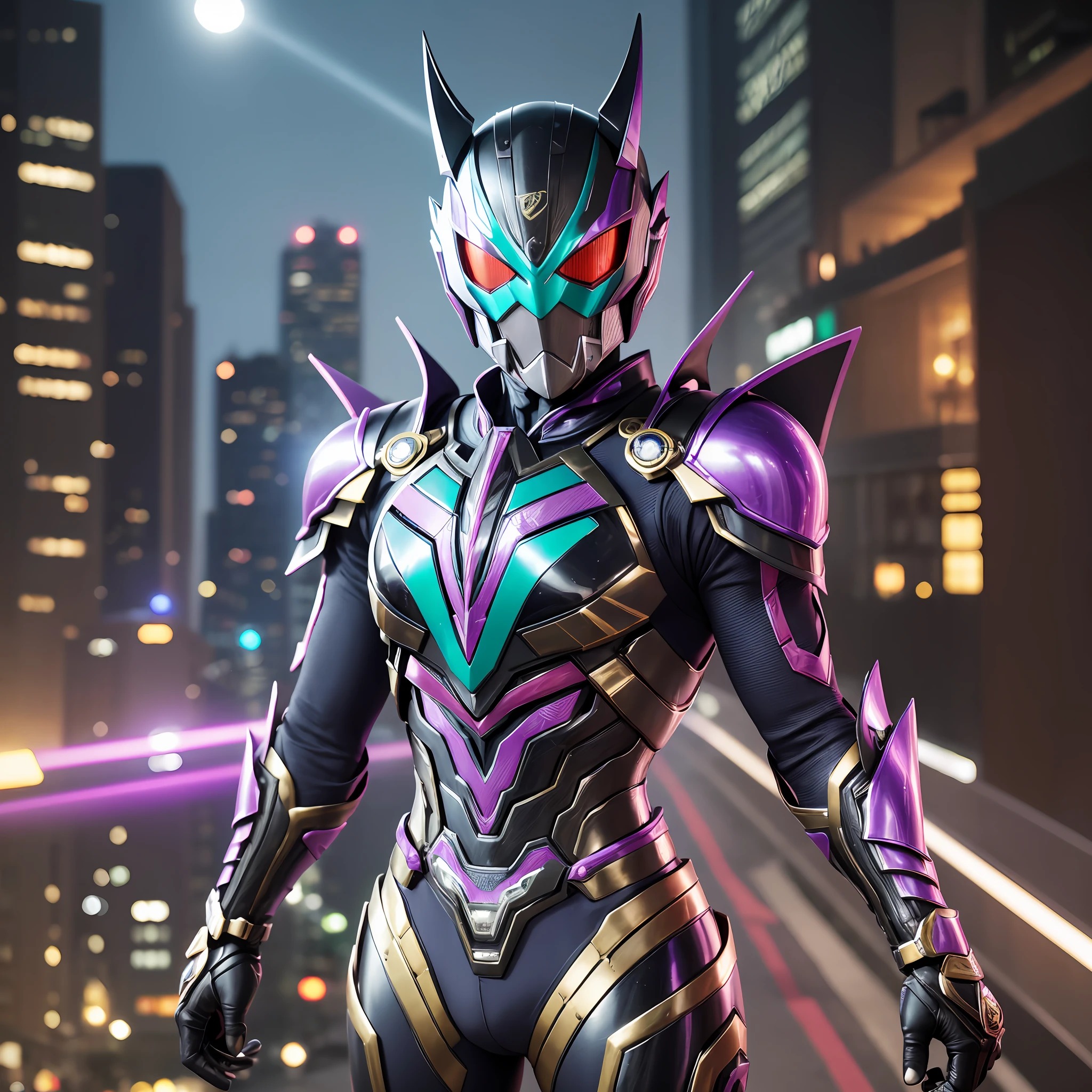 Photo quality, city, new Kamen Rider, Metal Rider, Kamen Rider Kiva, Kamen Rider Agito, Kamen Rider Geetz, Kamen Rider Build, Metal Gear, Powered Suit, Blue and purple armor, Battle suit, Costume style, Armor, Armor, Enhanced suit, Cosplay, High definition photo quality, 8K, Belt is big, Mecha, Eyes are glowing, Night, Summer, Fight, Struggle, Intimidation, Metallic, Hard, Latest Kamen Rider, Kamen Rider Wizard, Kamen Rider Ghost,